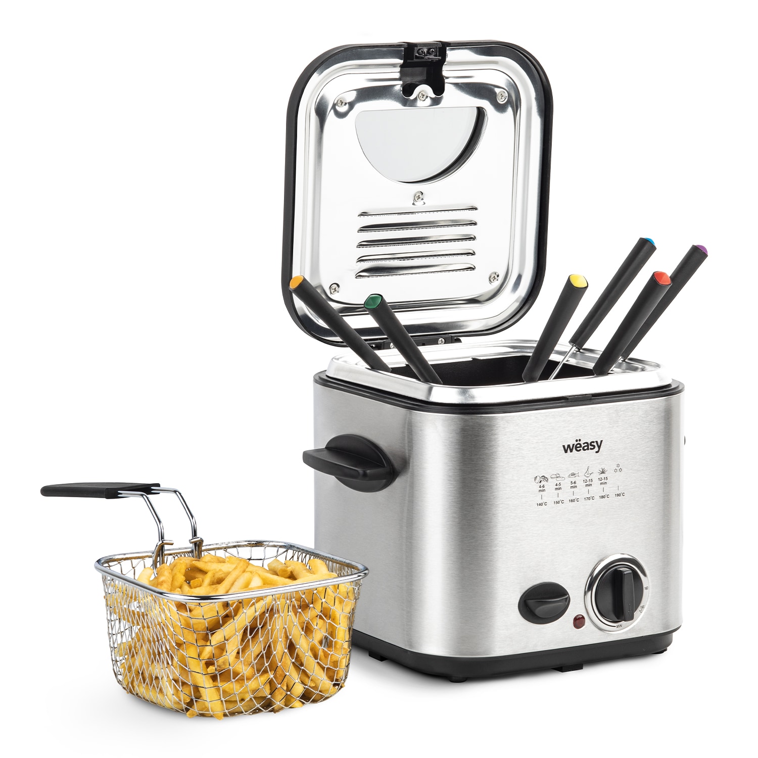 W&euml;asy TB600 Elektrische Fritteuse und Fondue, 2 in 1, 6 Gabeln, Geruchsfilter, abnehmbarer Korb, Silber/Schwarz, 840 W 