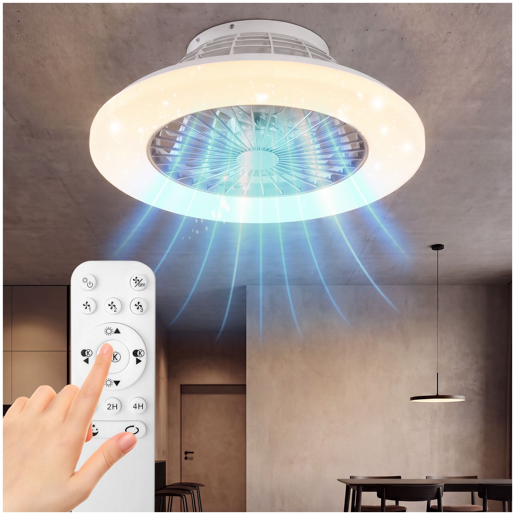 tectake&reg; LED Deckenleuchte mit Ventilator, Lampe 40 W, dimmbar, 3 Lichtfarben, R&uuml;ckw&auml;rtslauf zur Nutzung im Winter, &Oslash; 50 cm, mit Fernbedienung 