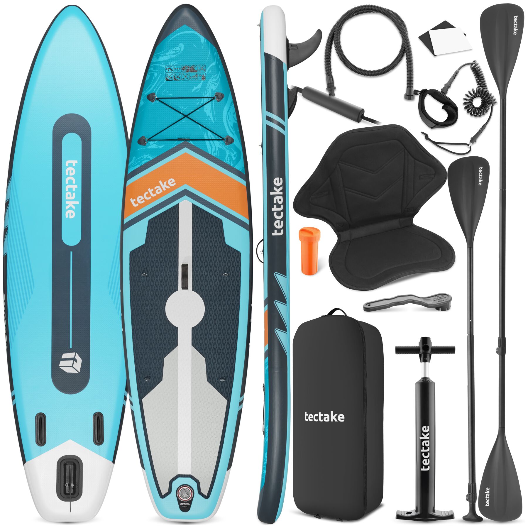 tectake&reg; Stand Up Paddle Board, aus Drop-Stitch-Material, verstellbares Doppelpaddel, Belastbarkeit 200 kg, inklusive Kajak-Sitz 