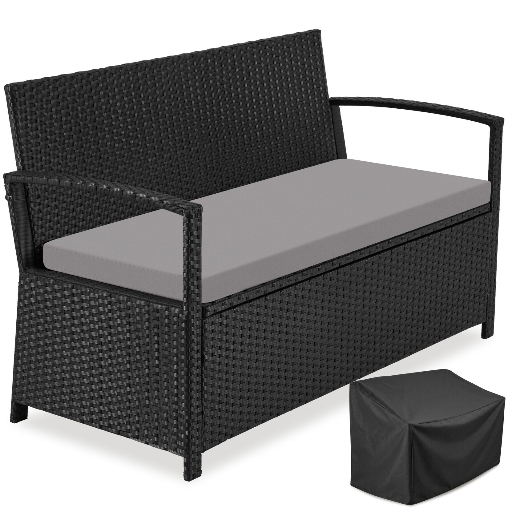 tectake® Rattan-Gartenbank, 2-Sitzer, wetterfest, robustes Polyrattan, 128 x 56 x 77,5 cm, inklusive Schutzhülle