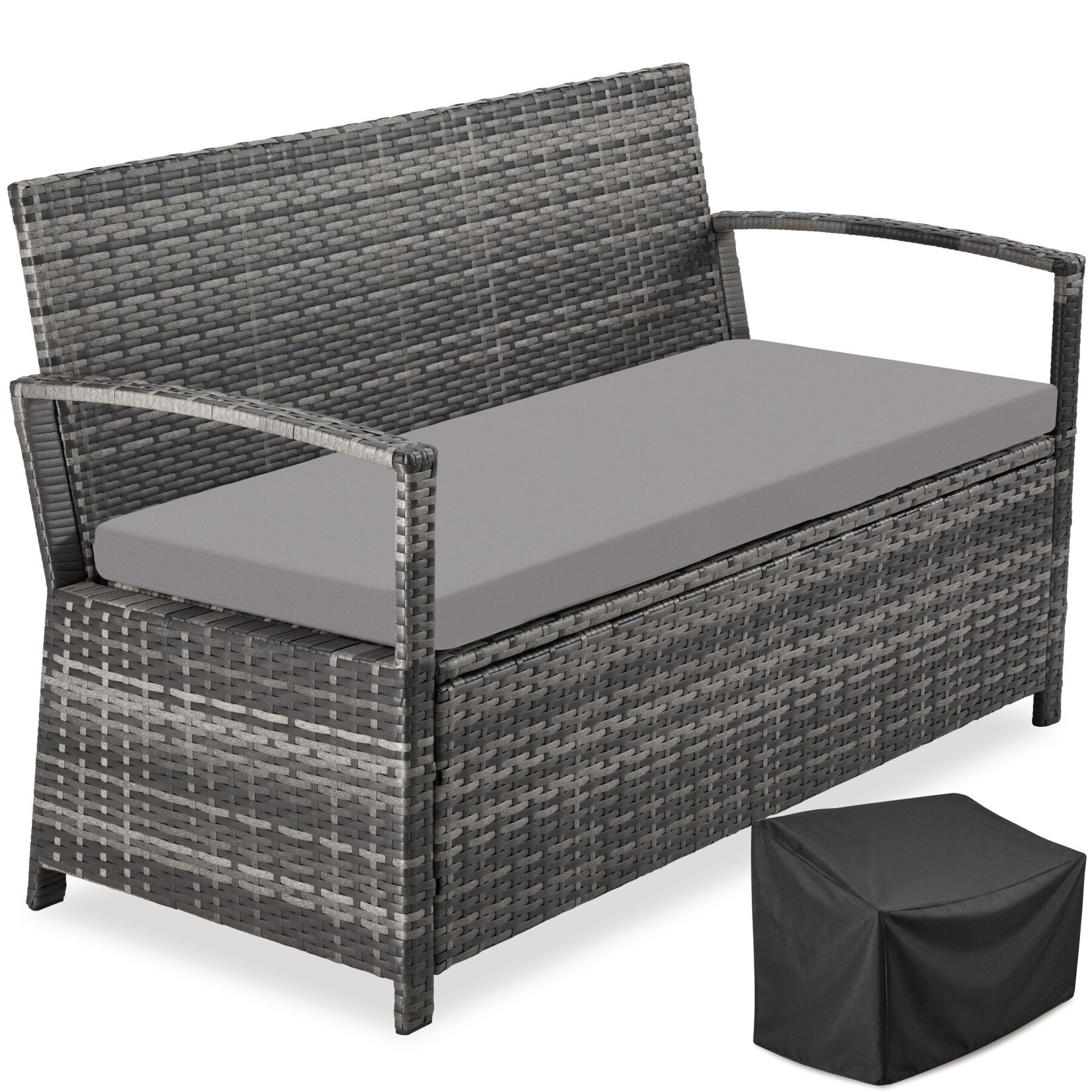 tectake® Rattan-Gartenbank, 2-Sitzer, wetterfest, robustes Polyrattan, 128 x 56 x 77,5 cm, inklusive Schutzhülle