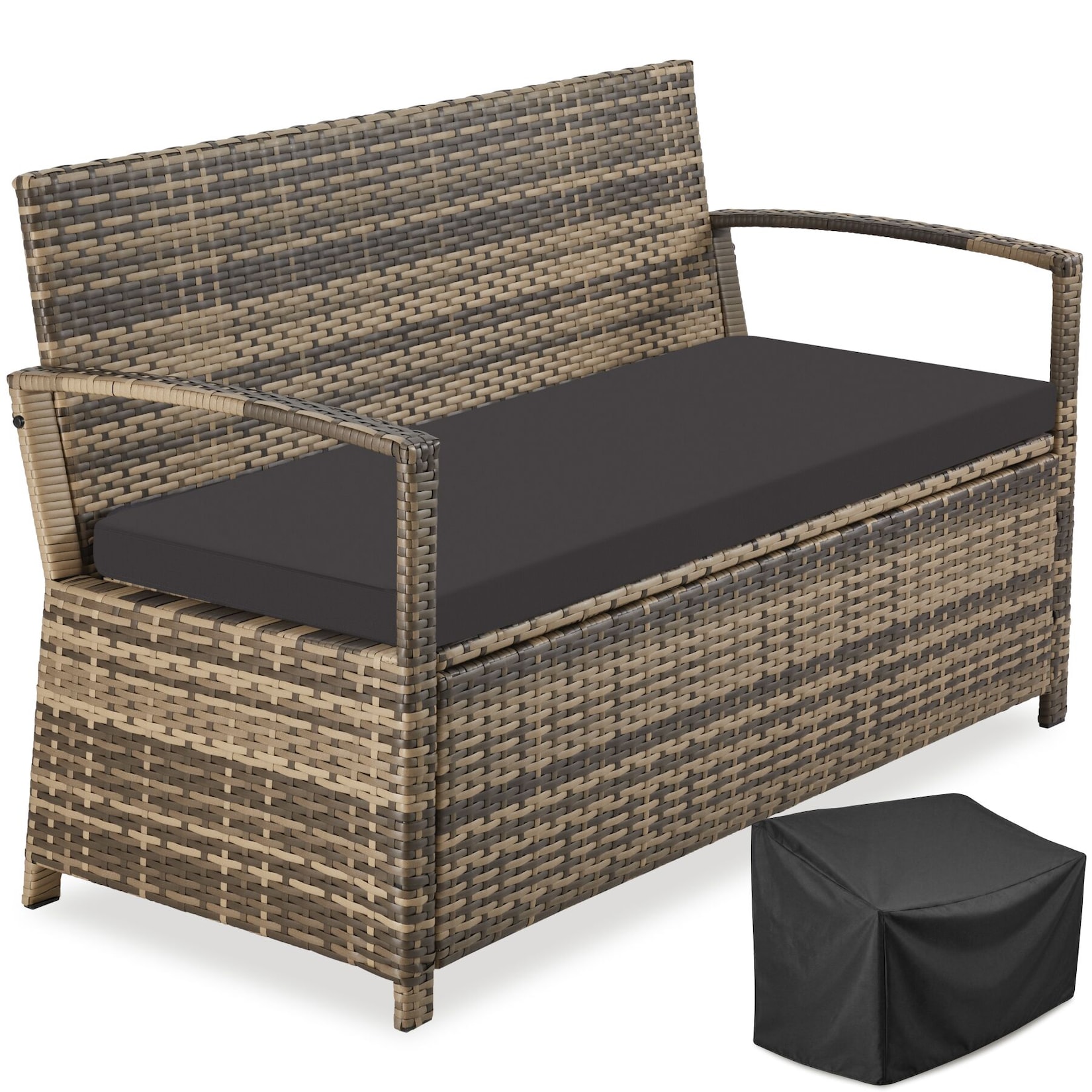 tectake® Rattan-Gartenbank, 2-Sitzer, wetterfest, robustes Polyrattan, 128 x 56 x 77,5 cm, inklusive Schutzhülle