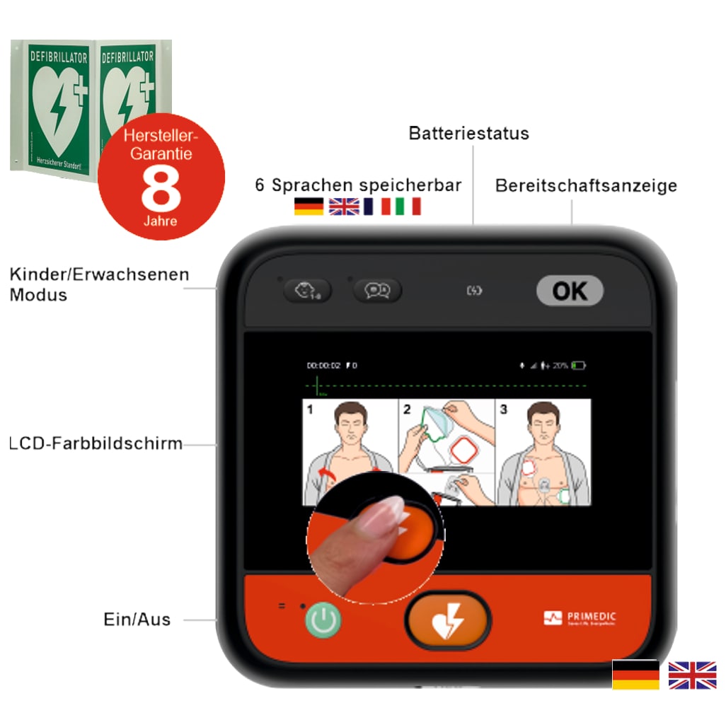 myPAD-A AED LCD-Farbbildschirm, klimatisierter Metallwandkasten & Winkelschild, DE/EN 