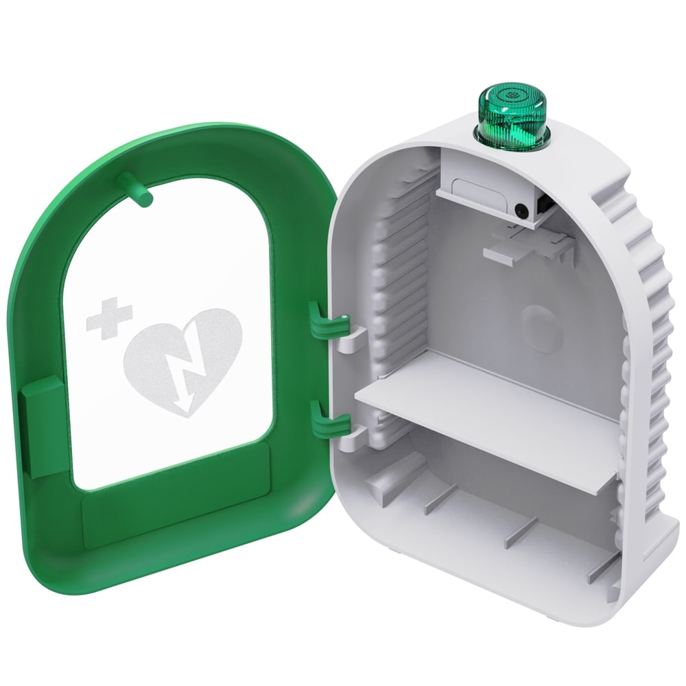 Universeller AED-PVC-Wandkasten, gr&uuml;n f&uuml;r innen mit Ton- und Lichtalarm 