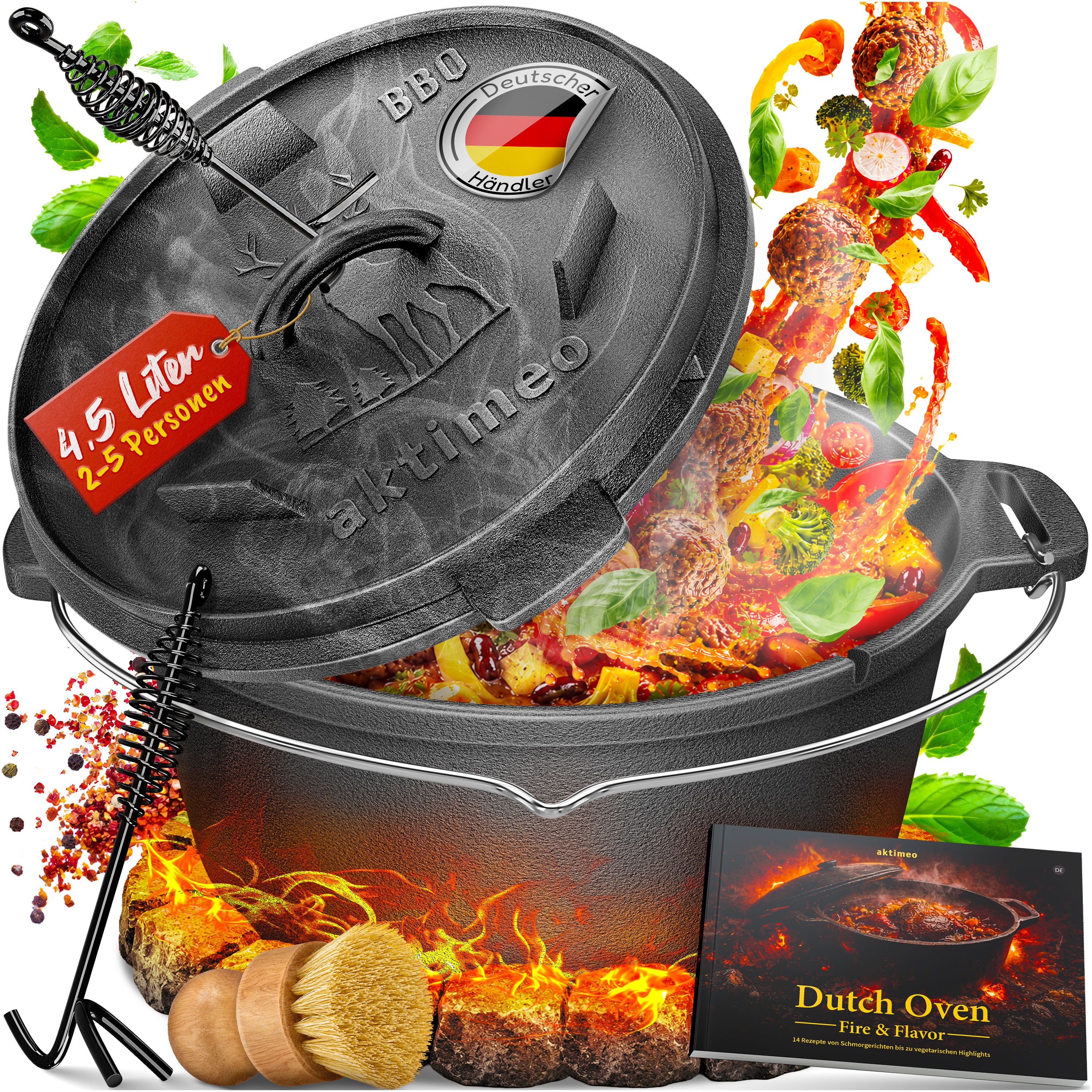 aktimeo Dutch Oven 4,5 Liter &ndash; Gusseisentopf mit Deckel aus Gusseisen inkl. Zubeh&ouml;r & Rezeptbuch f&uuml;r Grill, Lagerfeuer, Backofen und Induktion 