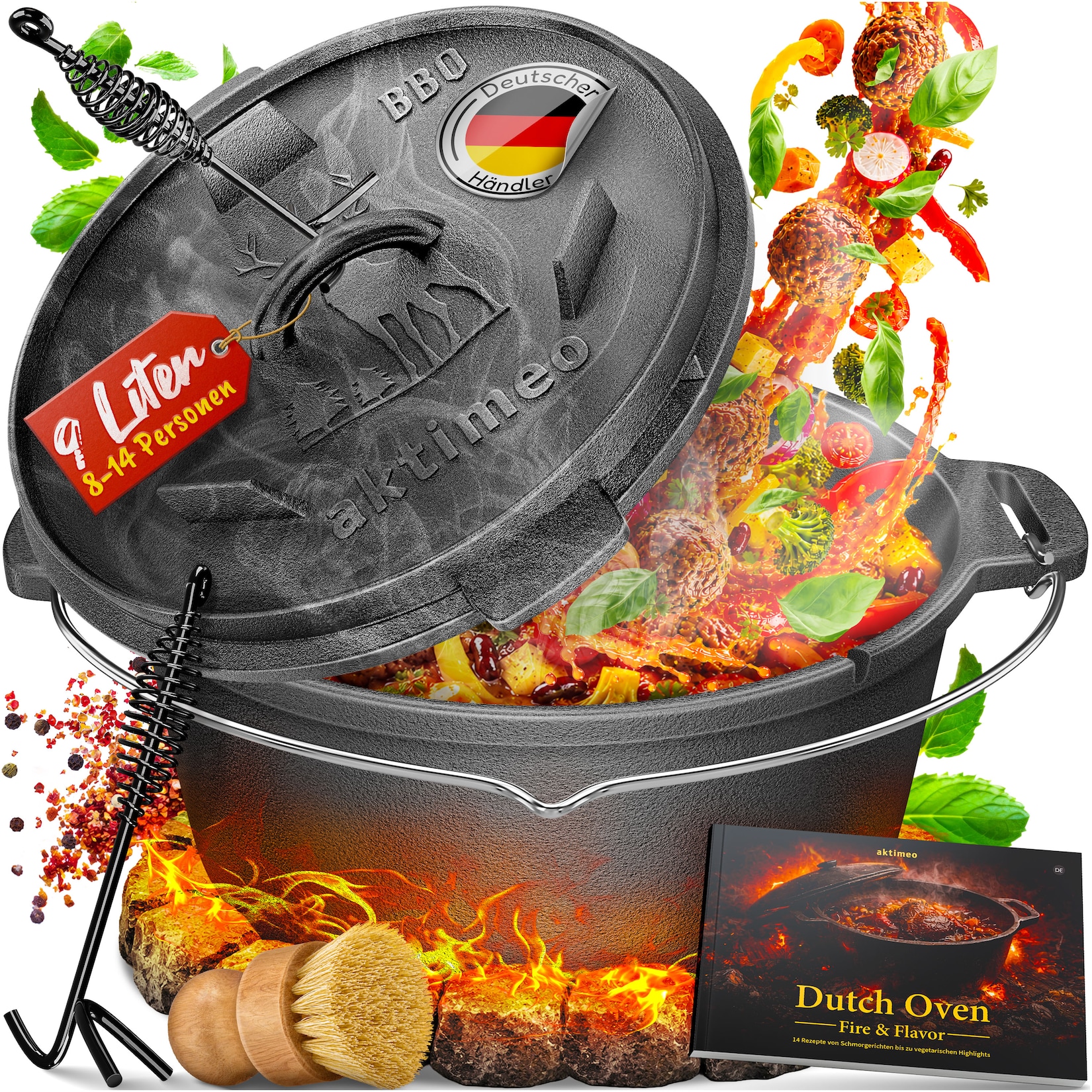aktimeo Dutch Oven 9 Liter – Gusseisentopf mit Deckel aus Gusseisen inkl. Zubehör & Rezeptbuch für Grill, Lagerfeuer, Backofen und Induktion