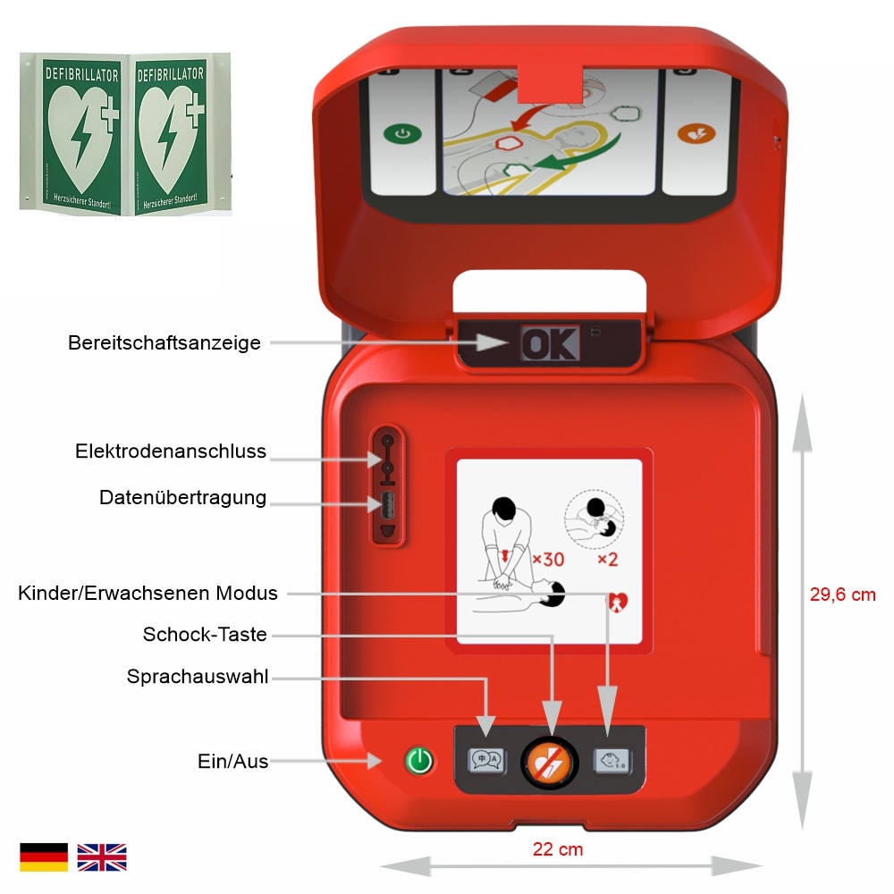 HeartSave Y mit LED-Grafik, Acrylwandhalterung & Winkelschild, DE/EN 