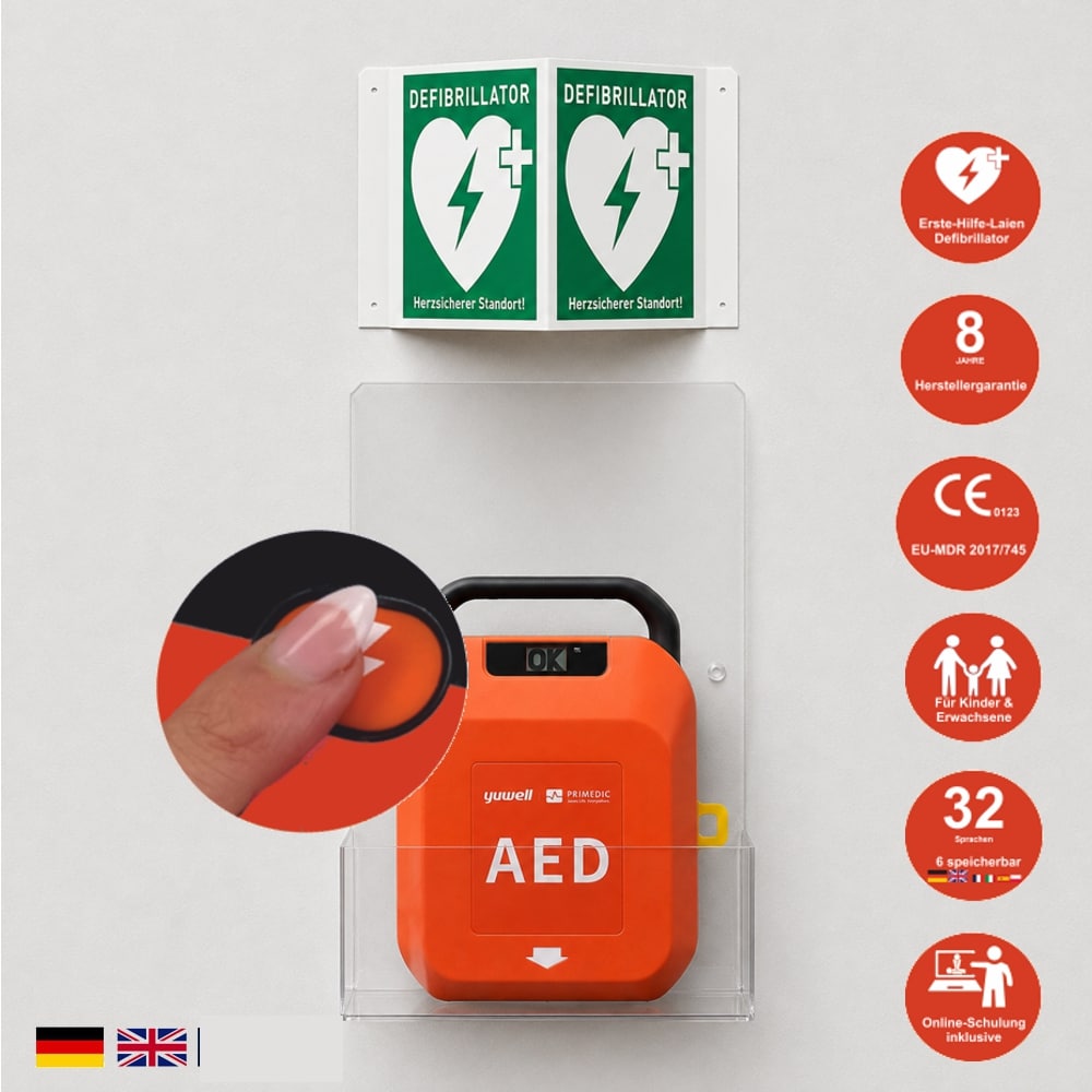 HeartSave YA mit LED-Grafik, Acrylwandhalterung & Winkelschild, DE/EN 