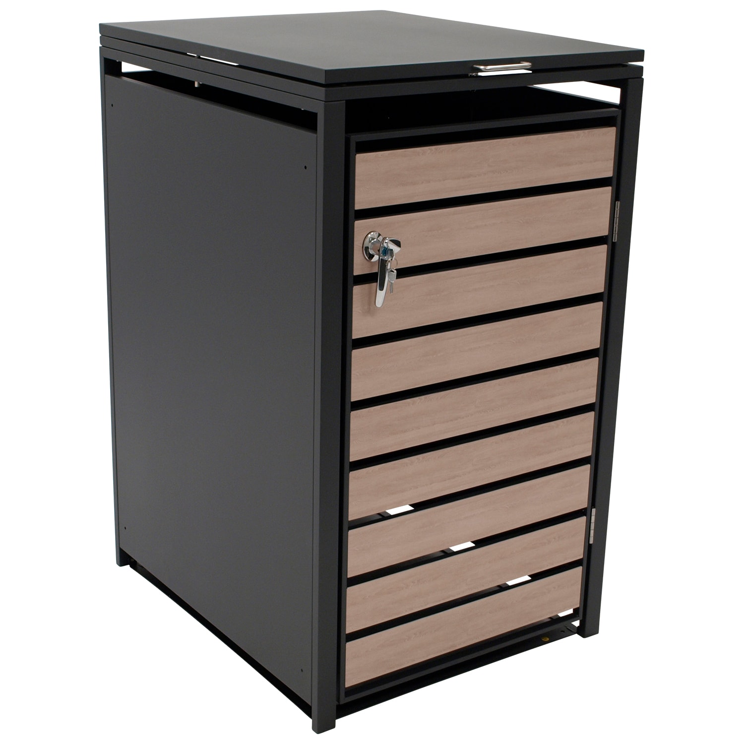 M&uuml;lltonnenbox BERLIN 68x80x116cm f&uuml;r Tonnen 120 und 240 Liter, Stahl anthrazit mit T&uuml;ren Holzoptik 