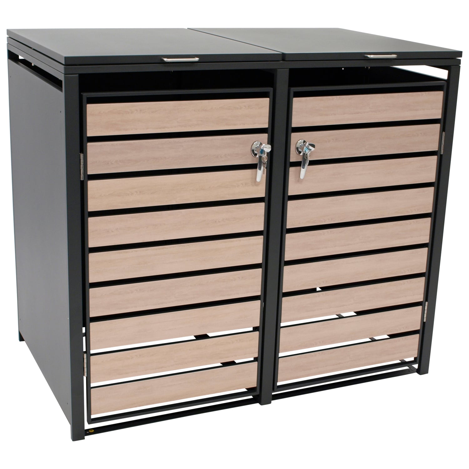 M&uuml;lltonnenbox BERLIN 132x80x116cm f&uuml;r 2x Tonnen 120 und 240 Liter, Stahl anthrazit mit T&uuml;ren Holzoptik 