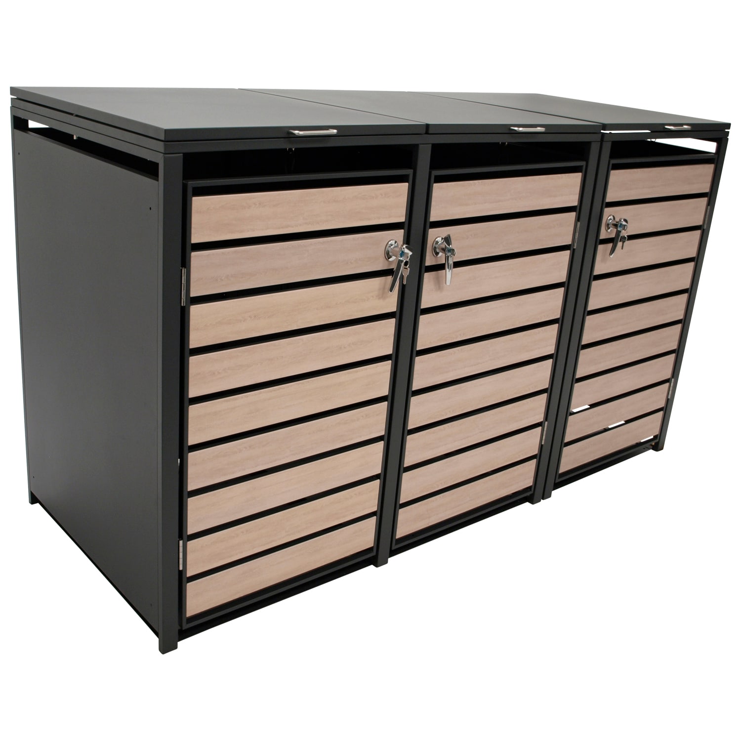 M&uuml;lltonnenbox BERLIN 200x80x116cm f&uuml;r 3x Tonnen 120 und 240 Liter, Stahl anthrazit mit T&uuml;ren Holzoptik 