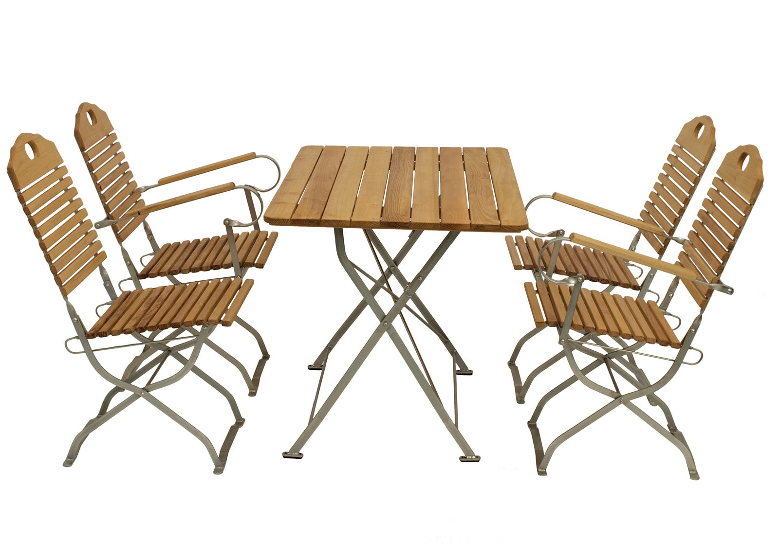Kurgarten - Garnitur BAD T&Ouml;LZ 5-teilig (2x Stuhl, 2x Armlehnensessel, 1x Tisch 70x110cm), Flachstahl verzinkt + Robinie, klappbar 