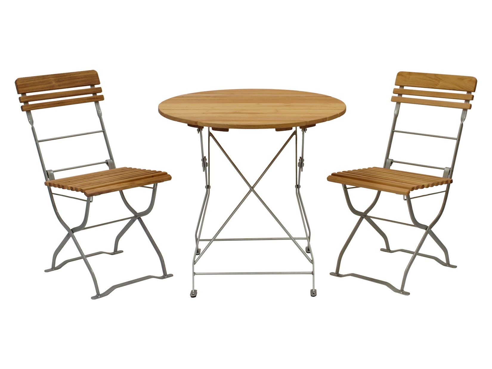 Biergarten - Garnitur MÜNCHEN 3-teilig (2x Stuhl, 1x Tisch 77cm rund), Flachstahl verzinkt + Robinie