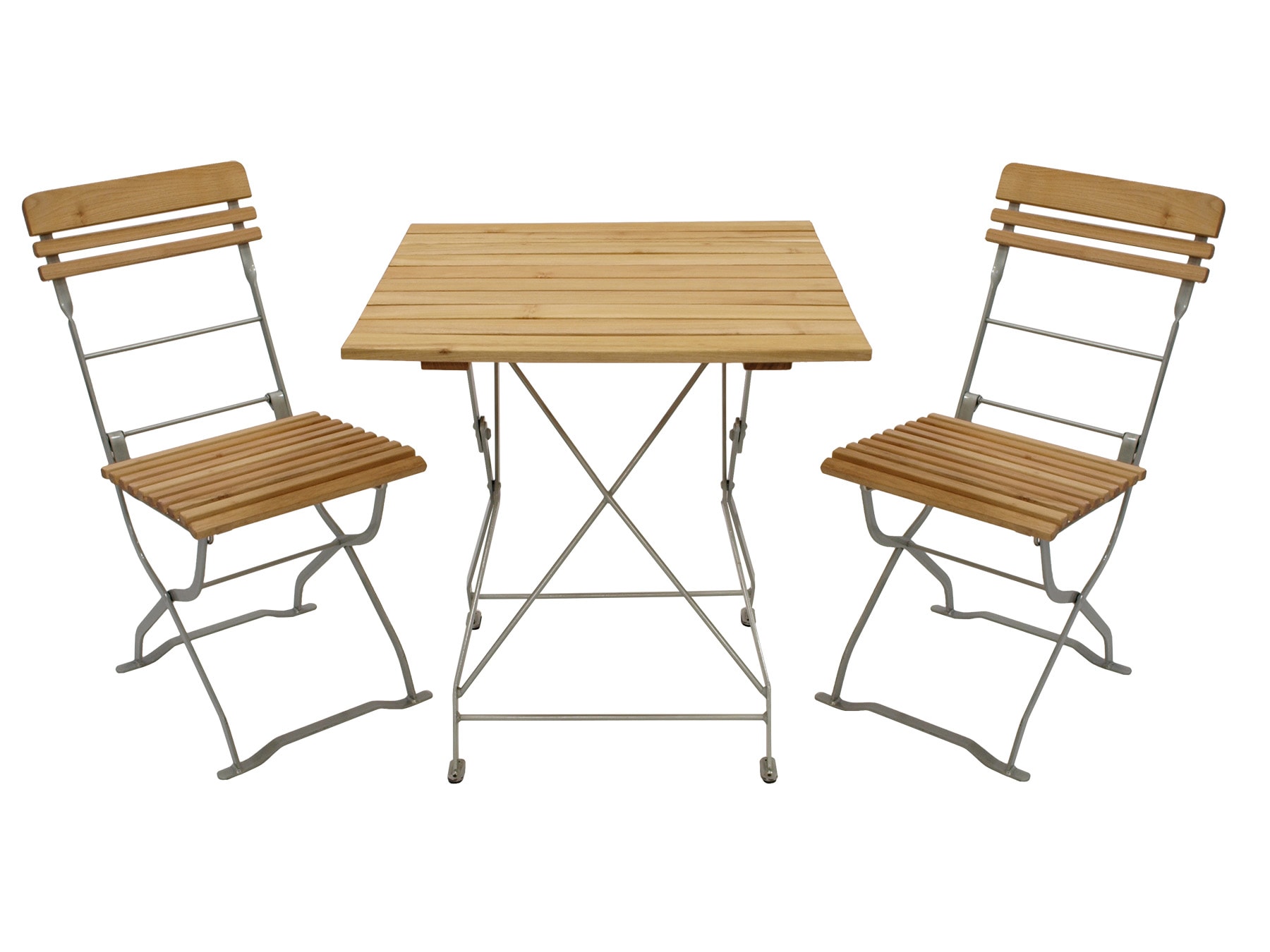 Biergarten - Garnitur M&Uuml;NCHEN 3-teilig (2x Stuhl, 1x Tisch 70x70cm), Flachstahl verzinkt + Robinie 