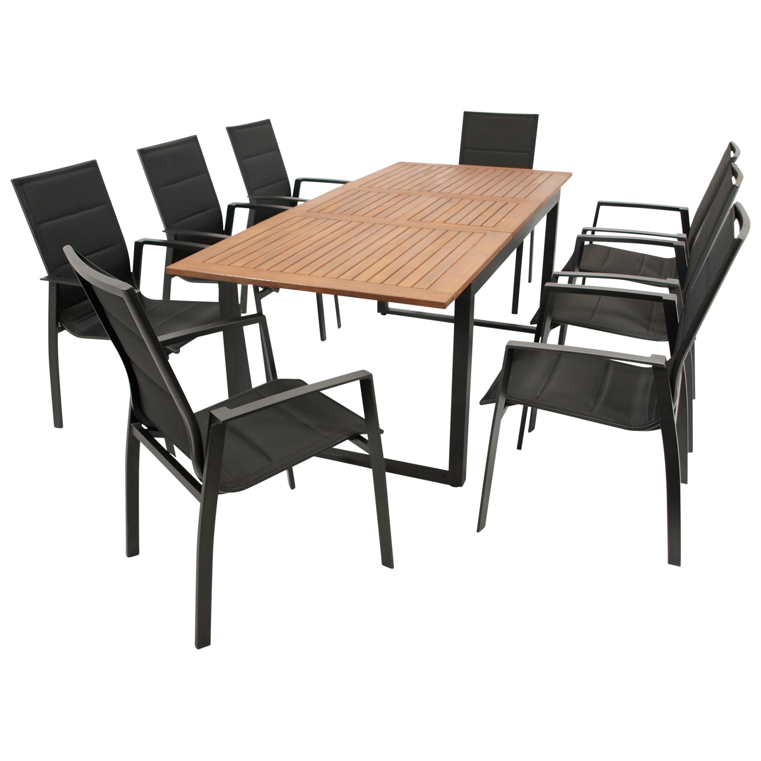 Garnitur RIVELLO 9-teilig, Alu + Akazie + Kunstgewebe schwarz 