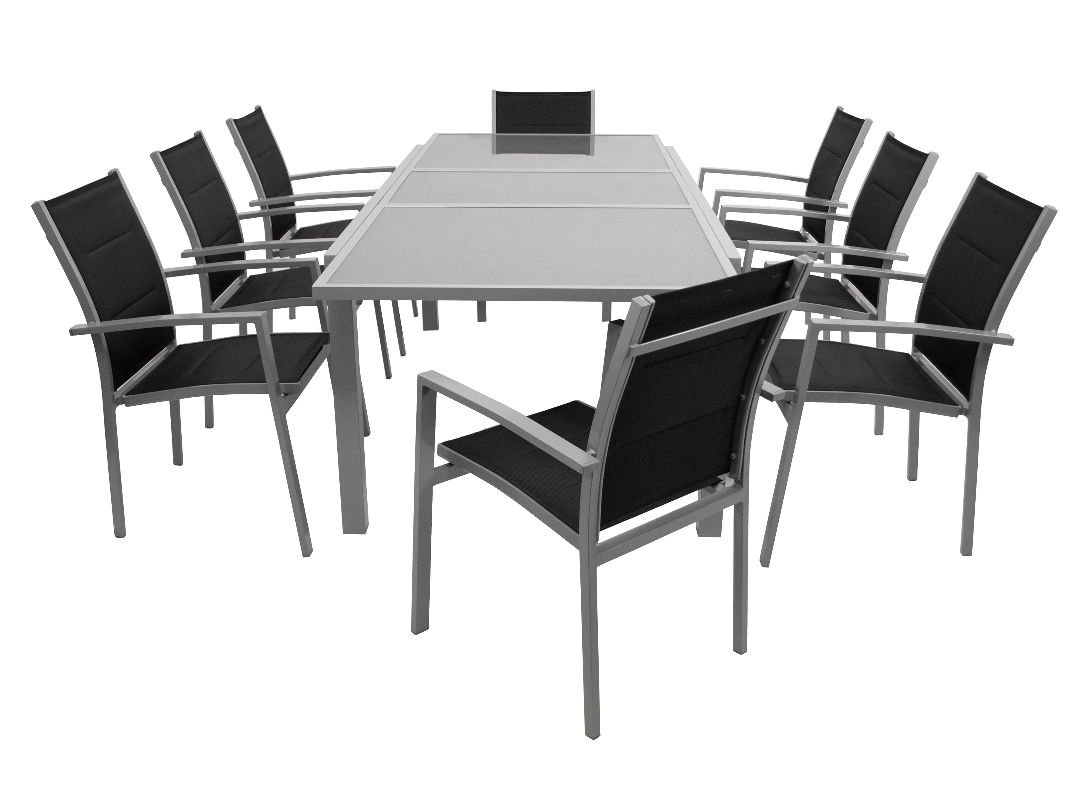 Garnitur PISA 9-teilig, Aluminium silbergrau + Glas + Kunstgewebe schwarz 