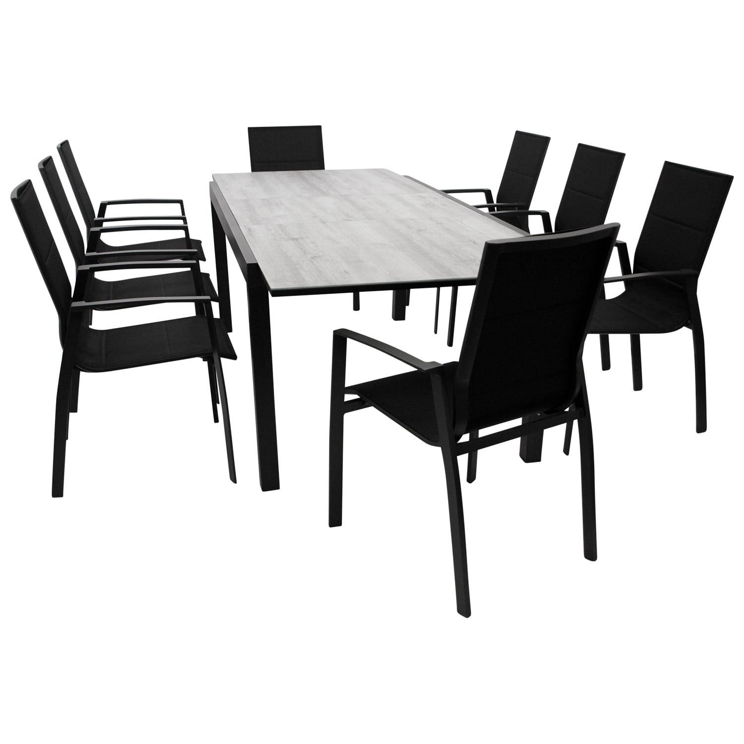 Garnitur FARO 9-teilig, Aluminium anthrazit + Glas + Kunstgewebe schwarz 