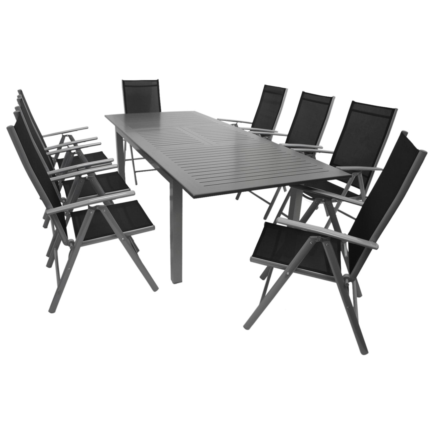 Garnitur BAJAZZO 9-teilig, Aluminium silbergrau + Kunstgewebe schwarz 
