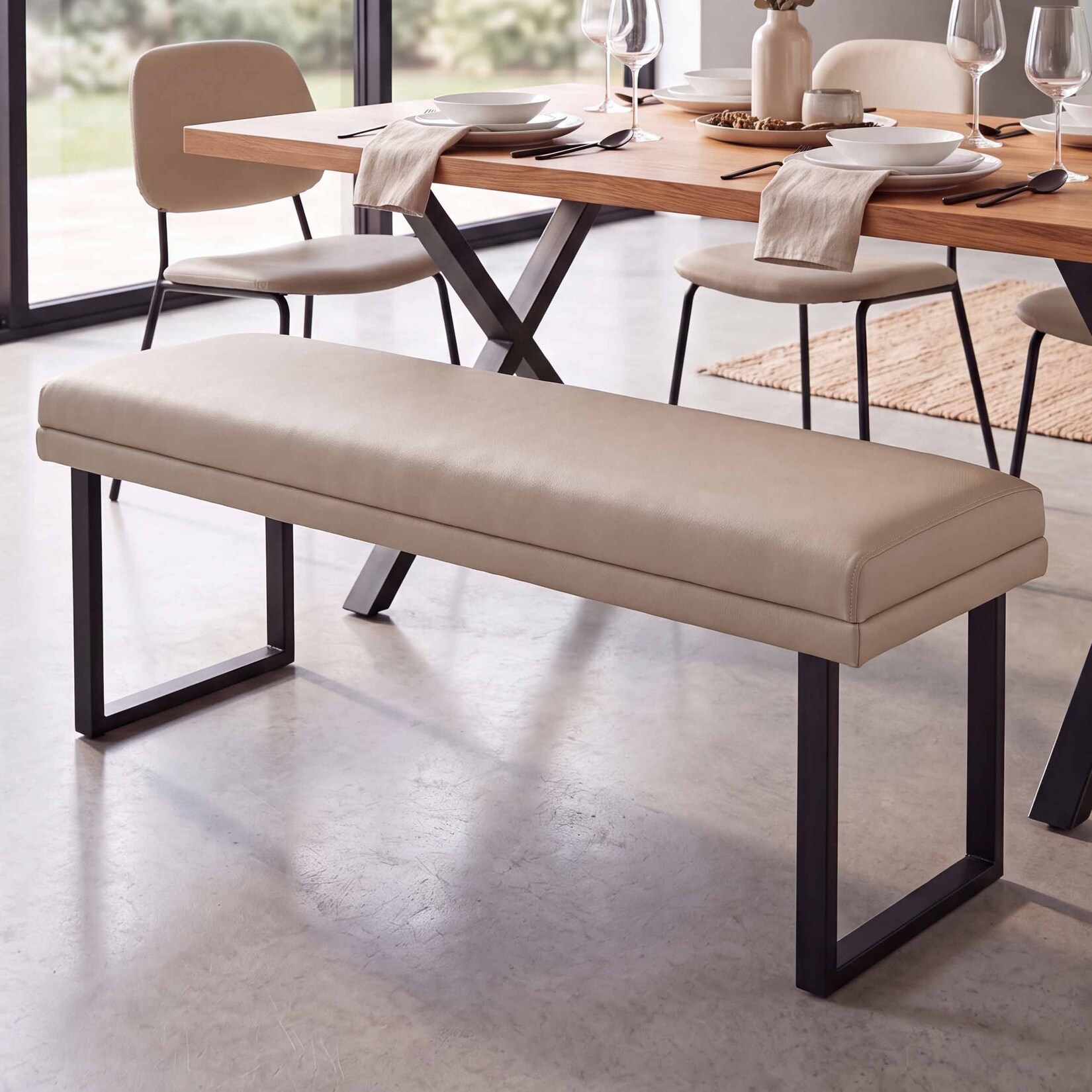 Sitzbank MCW-O81, Polsterbank Garderobenbank Esszimmerbank, Metall Kunstleder 120cm ~ beige