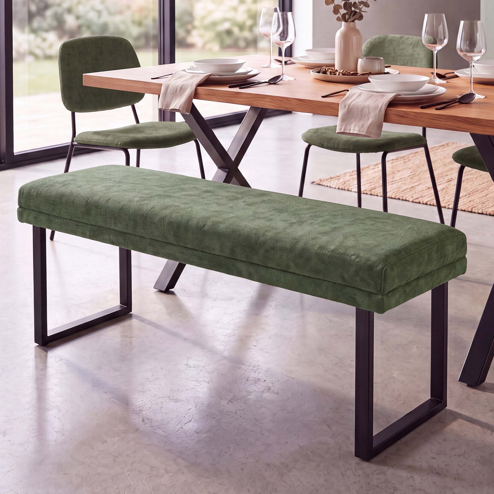 Sitzbank MCW-O81, Polsterbank Garderobenbank Esszimmerbank, Metall Stoff Chenille (310g/m²) 120cm ~ grün