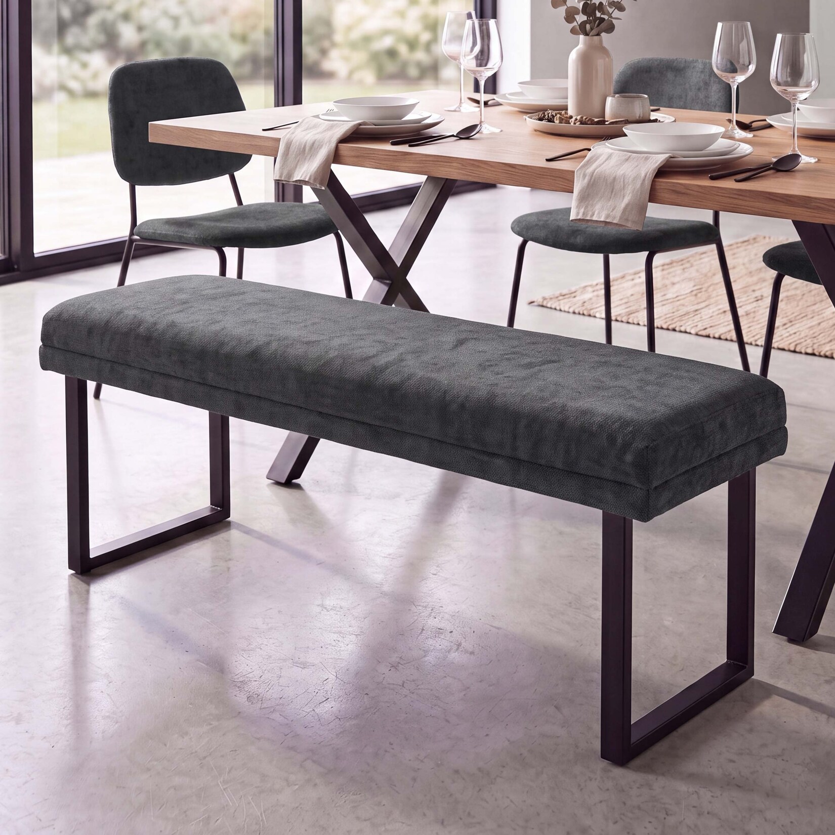 Sitzbank MCW-O81, Polsterbank Garderobenbank Esszimmerbank, Metall Stoff Chenille (310g/m²) 120cm ~ dunkelgrau
