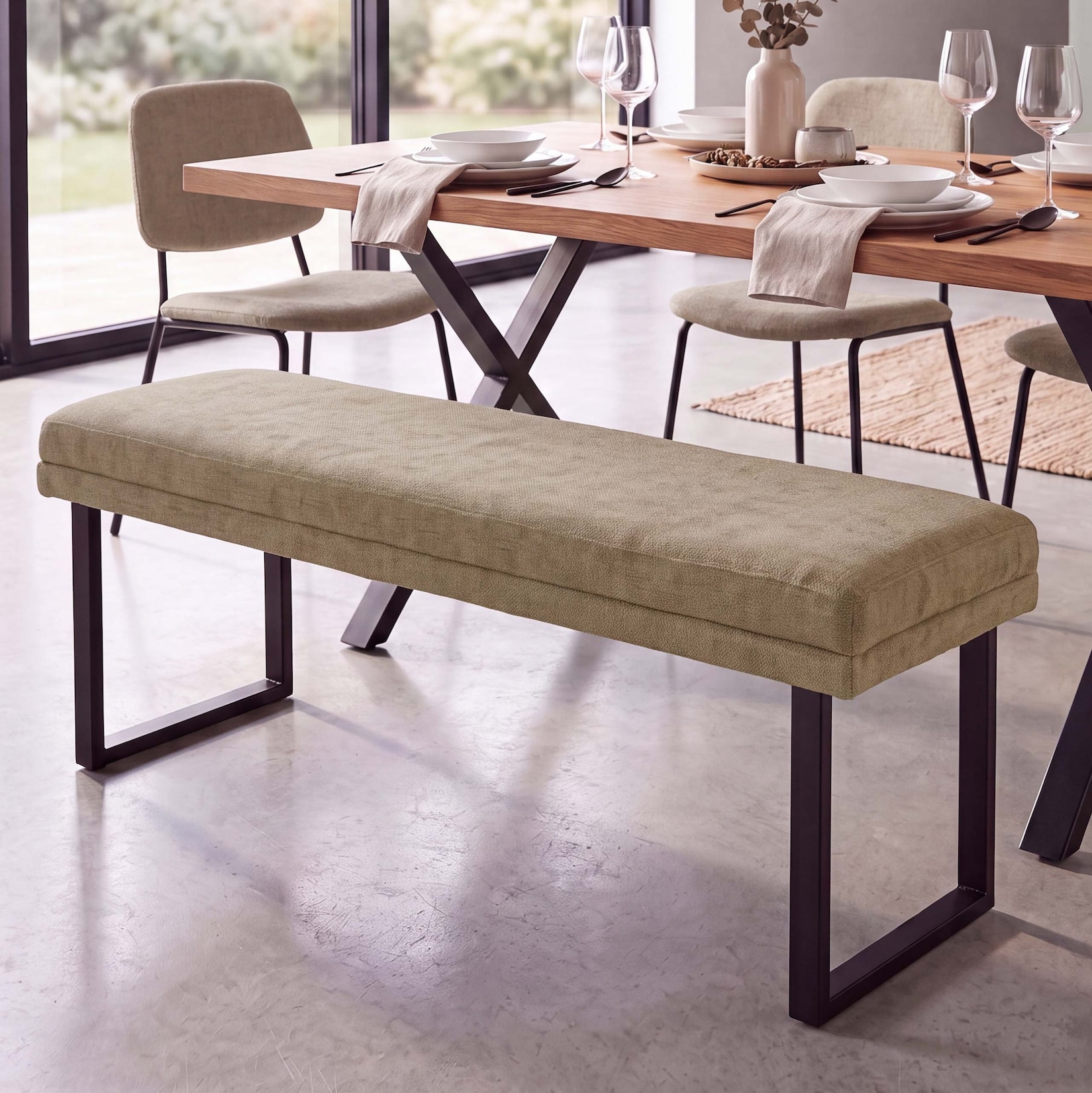 Sitzbank MCW-O81, Polsterbank Garderobenbank Esszimmerbank, Metall Stoff Chenille (310g/m²) 120cm ~ hellbraun