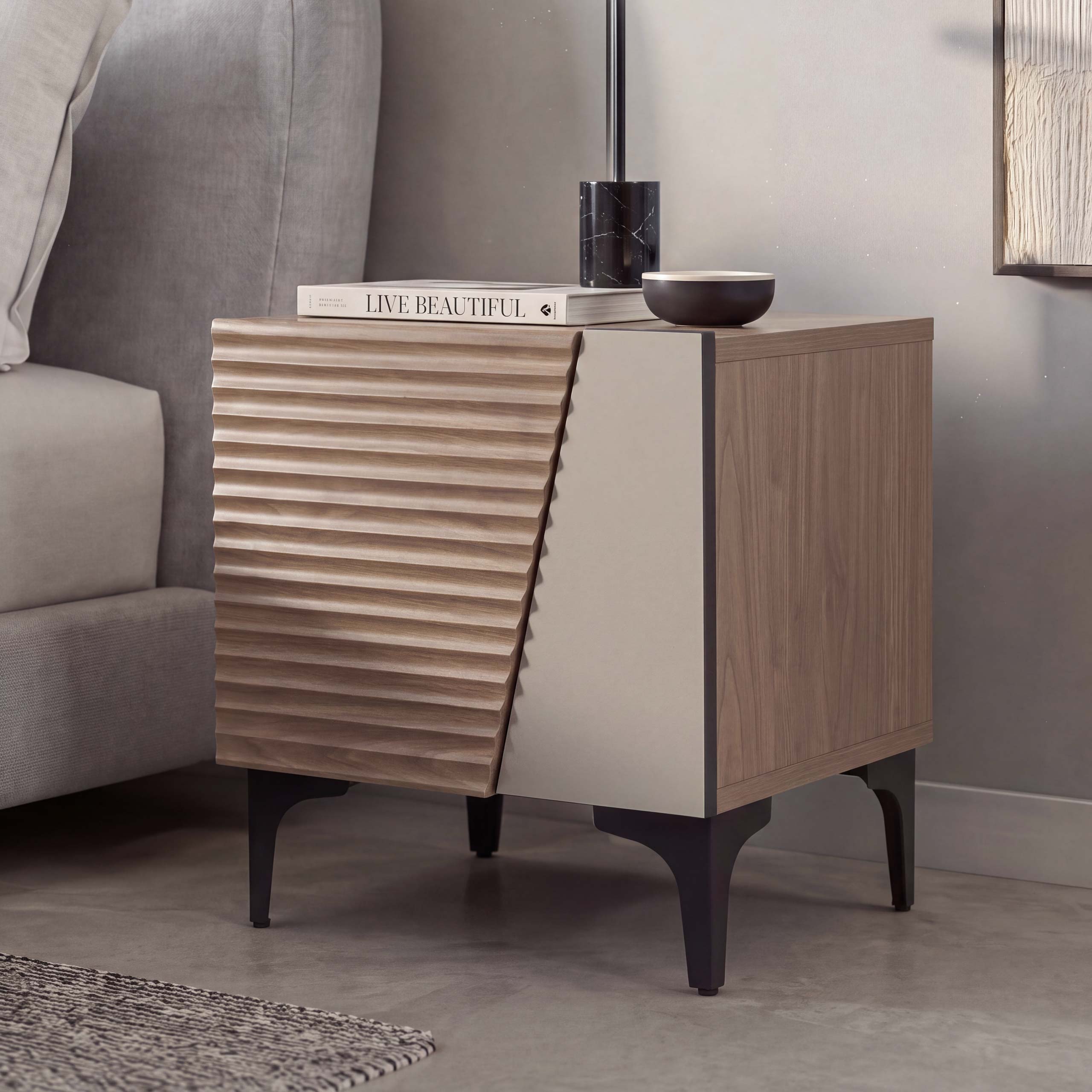 Nachttisch MCW-Q83, Kommode Beistelltisch Schrank, 3D-Struktur Staufach MDF Melamin 50x45x42cm ~ Nussbaum-Optik hell 