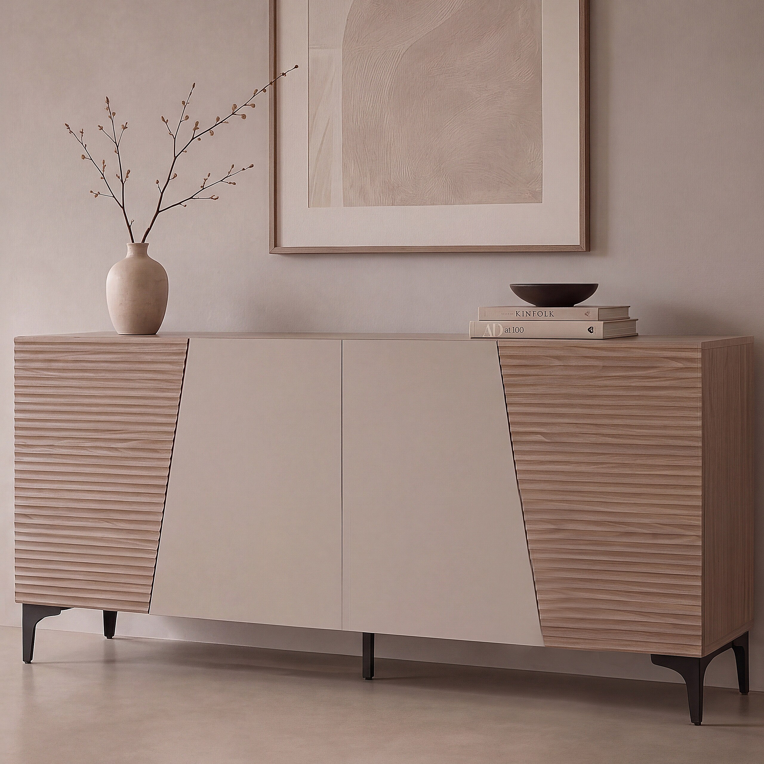 Sideboard MCW-Q83, Kommode Schrank T&uuml;ren 3D-Struktur Stauf&auml;cher MDF Melamin 80x160x42cm ~ Nussbaum-Optik hell 