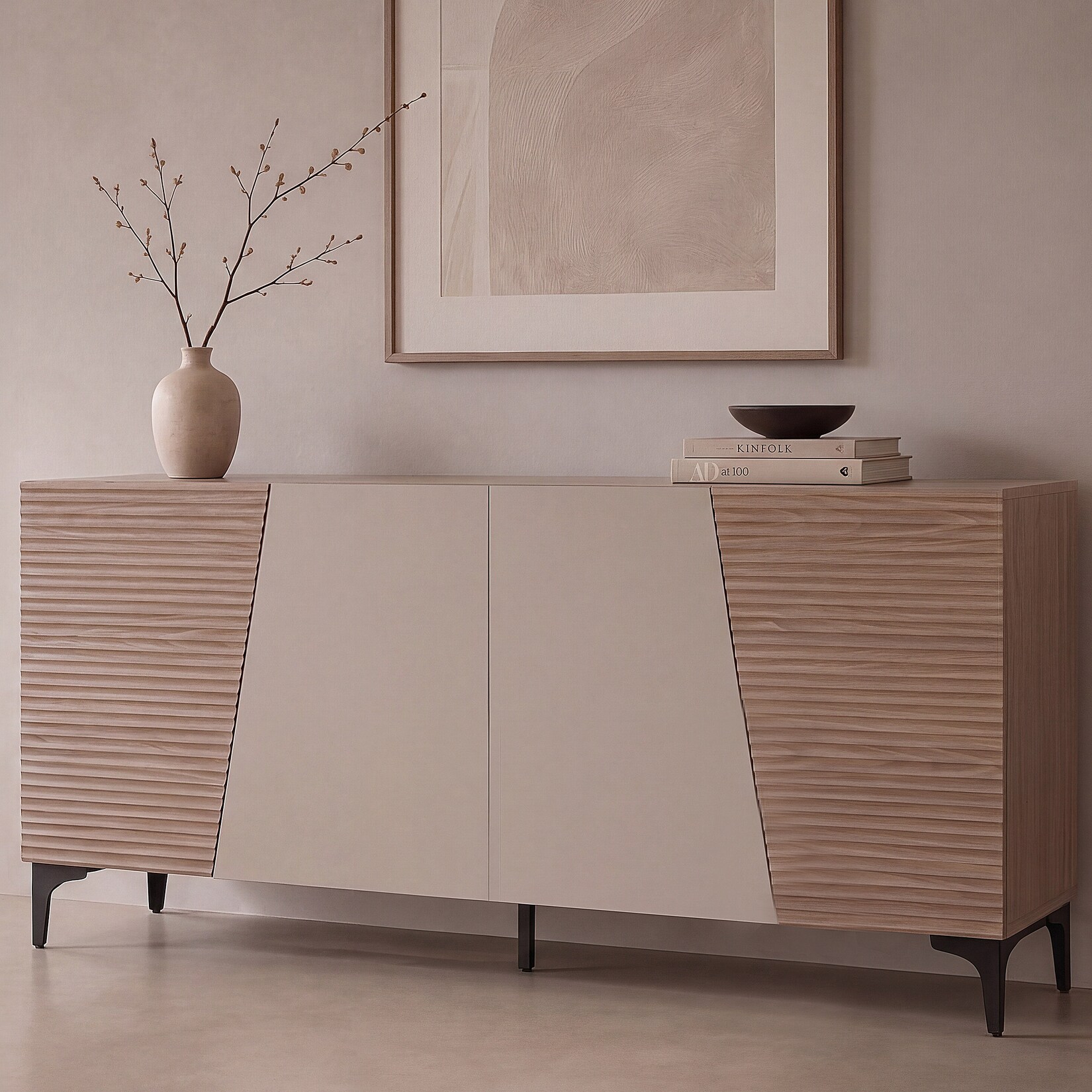 Sideboard MCW-Q83, Kommode Schrank Türen 3D-Struktur Staufächer MDF Melamin 80x160x42cm ~ Nussbaum-Optik hell