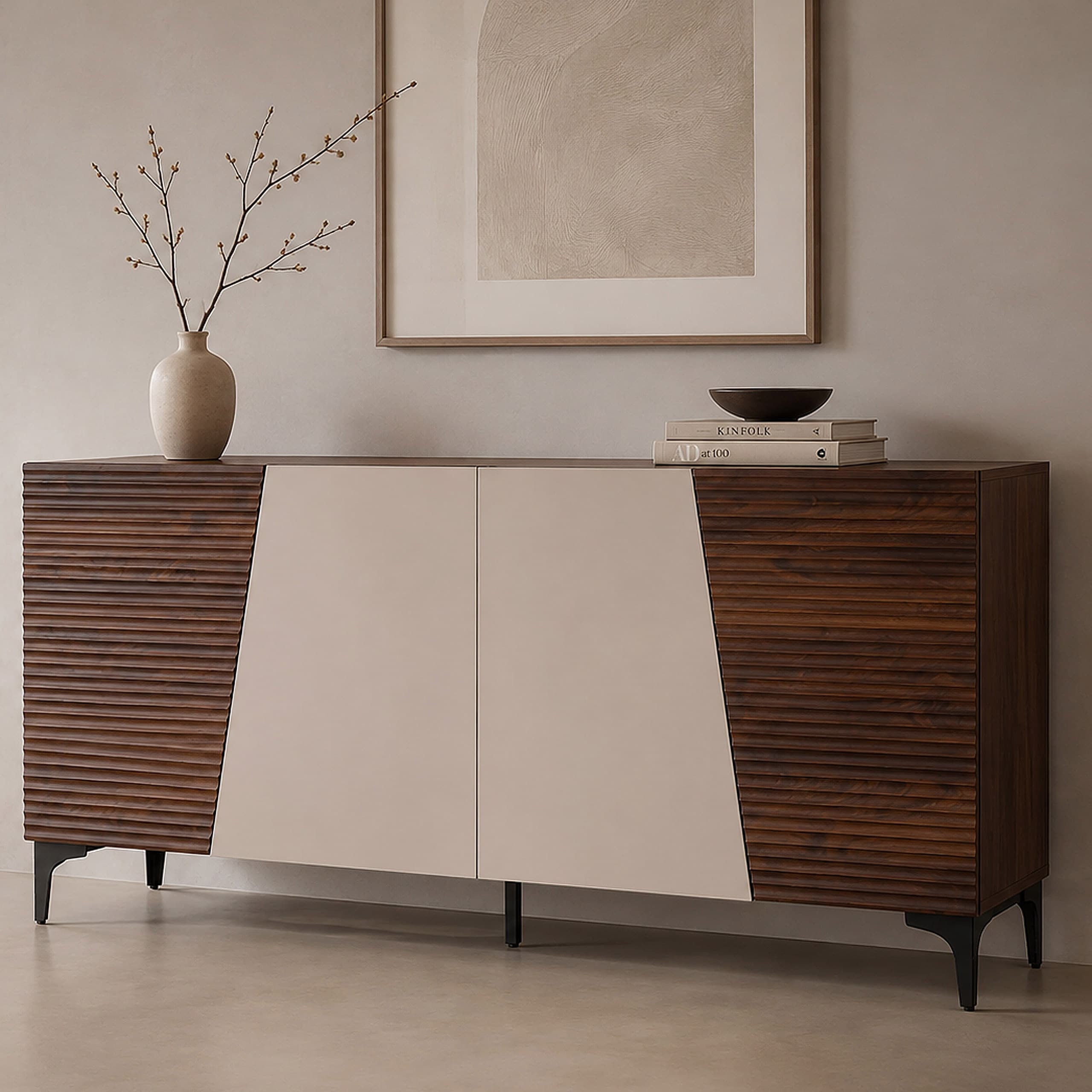 Sideboard MCW-Q83, Kommode Schrank T&uuml;ren 3D-Struktur Stauf&auml;cher MDF Melamin 80x160x42cm ~ Walnuss-Optik 