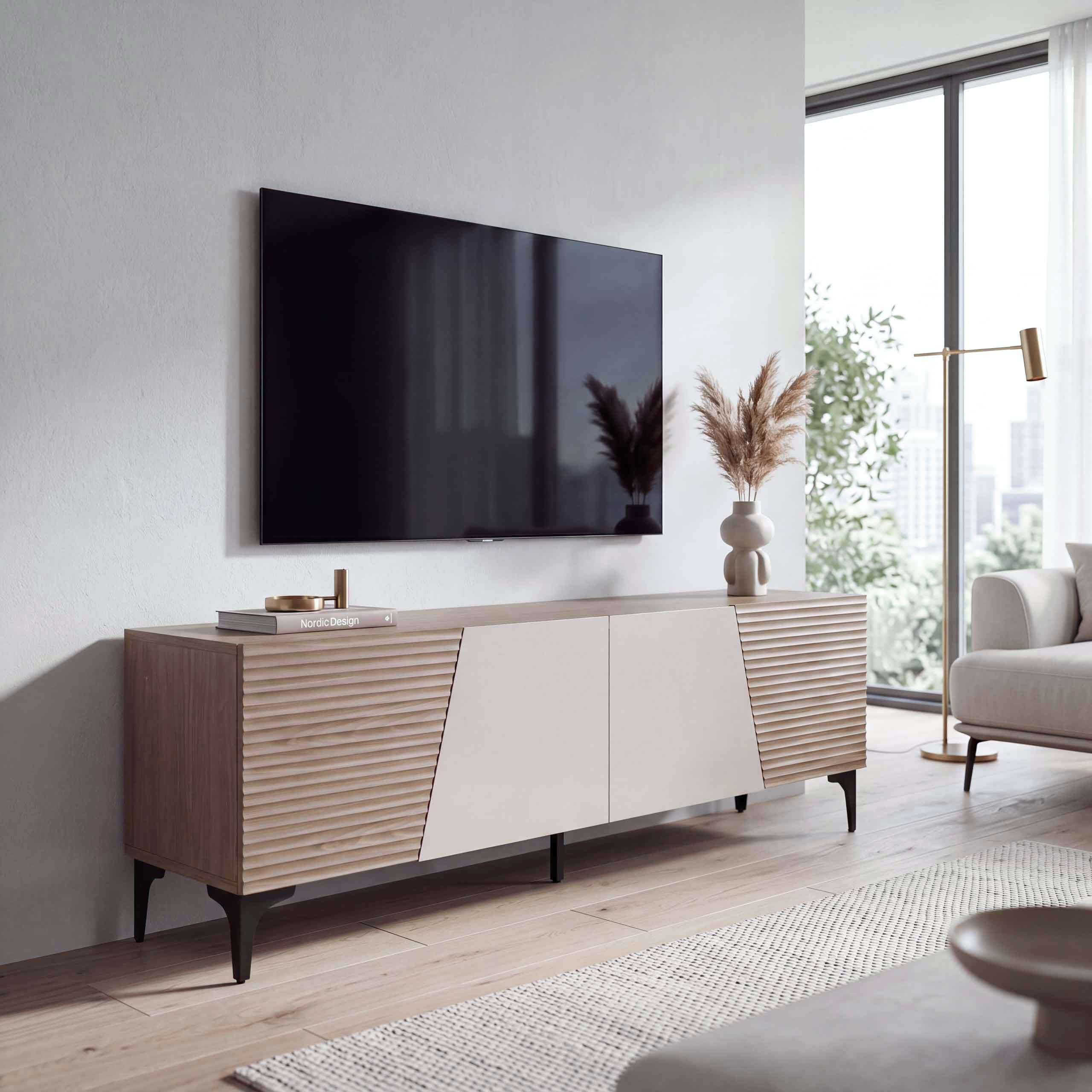 TV-Rack MCW-Q83, Lowboard TV-Schrank T&uuml;ren 3D-Struktur Stauf&auml;cher MDF Melamin 55x160x42cm ~ Nussbaum-Optik hell 