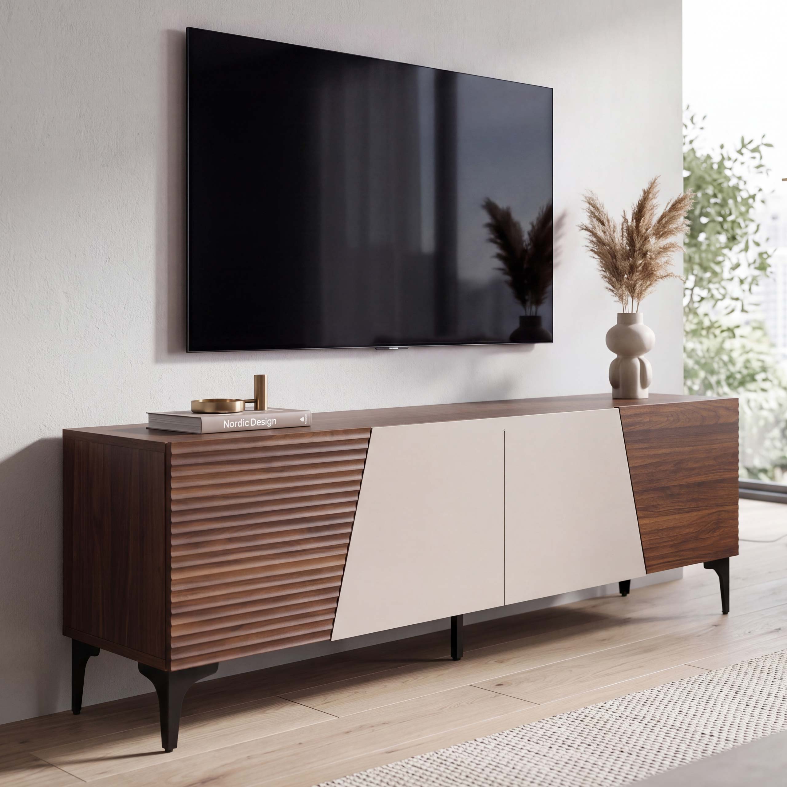 TV-Rack MCW-Q83, Lowboard TV-Schrank T&uuml;ren 3D-Struktur Stauf&auml;cher MDF Melamin 55x160x42cm ~ Walnuss-Optik 