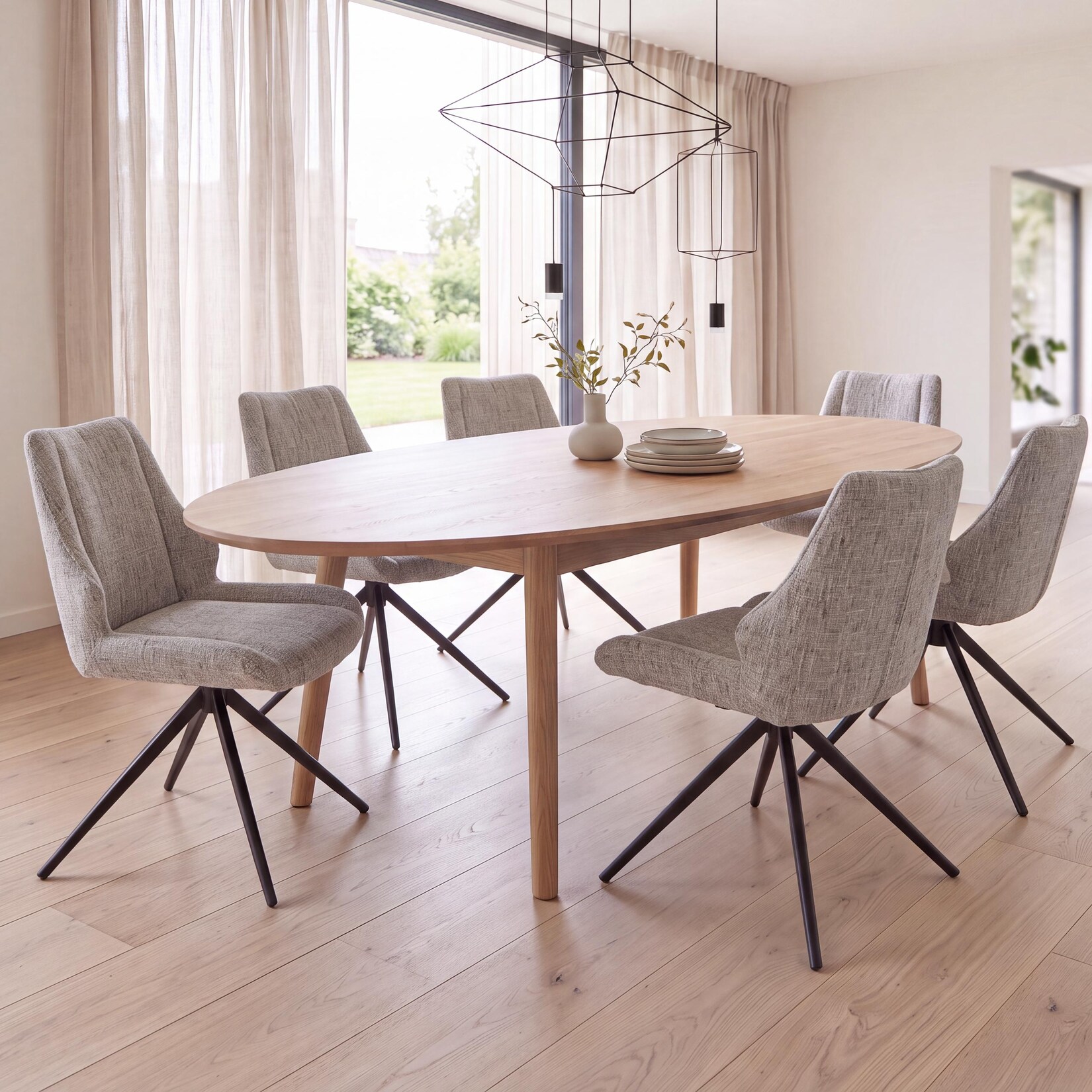 6er-Set Esszimmerstuhl MCW-O48, Küchenstuhl, drehbar Auto-Return, Stoff/Textil Chenille (410g/m²) ~ creme
