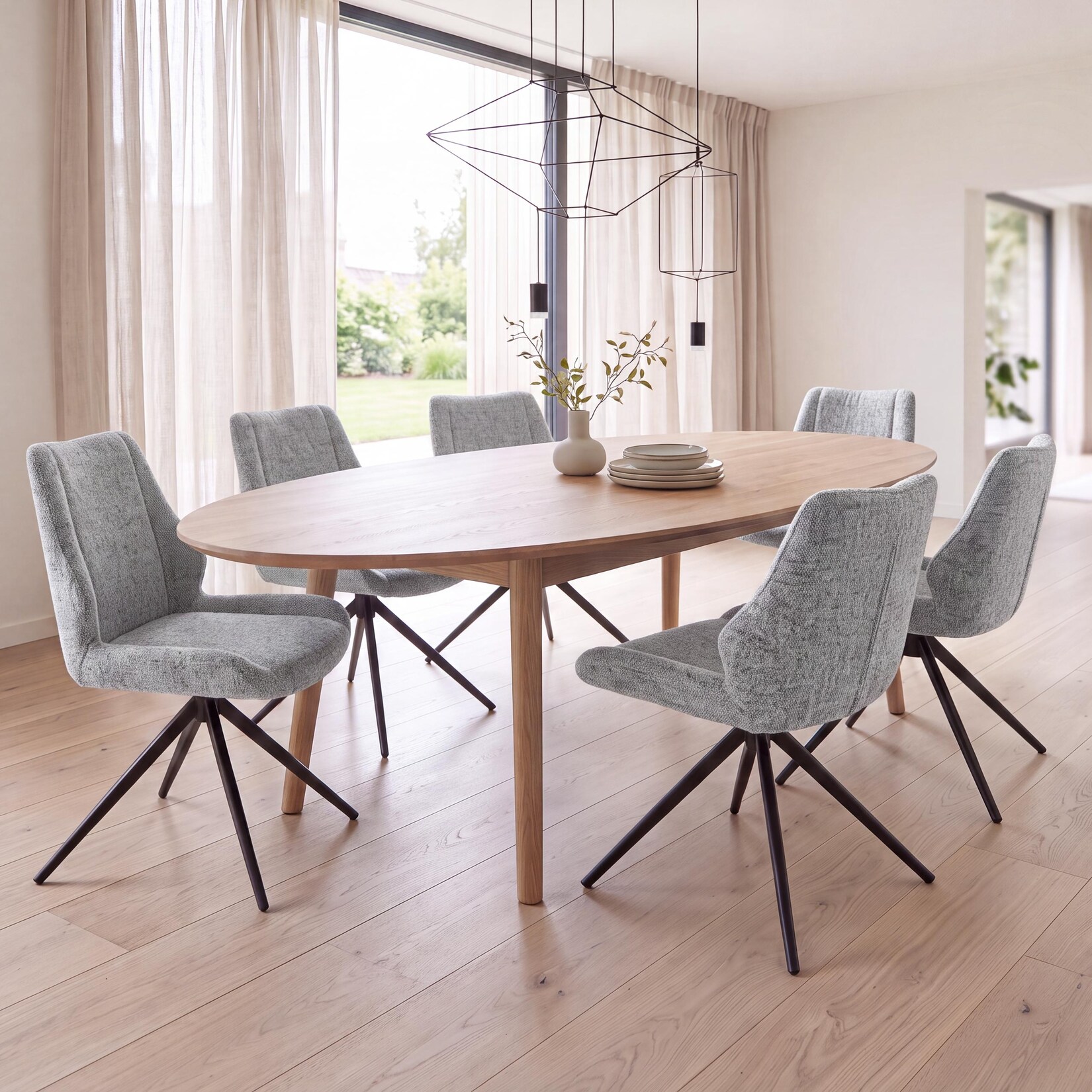 6er-Set Esszimmerstuhl MCW-O48, Küchenstuhl, drehbar Auto-Return, Stoff/Textil Chenille (410g/m²) ~ hellgrau