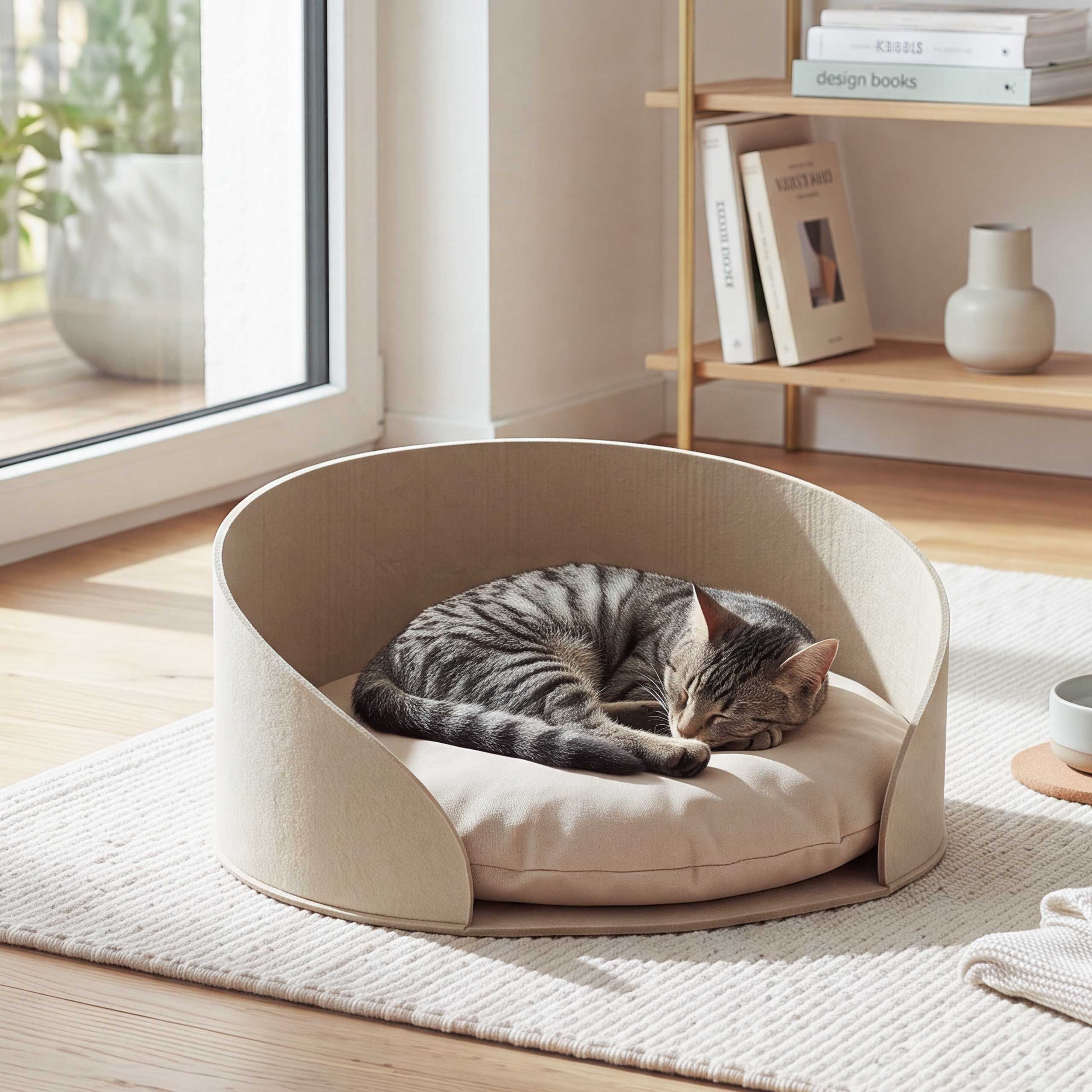 Tierbett MCW-Q61 f&uuml;r Hunde/Katzen, rund mit Kissen, Schlafkorb, Haustierliege, Filz &Oslash;39cm ~ beige 