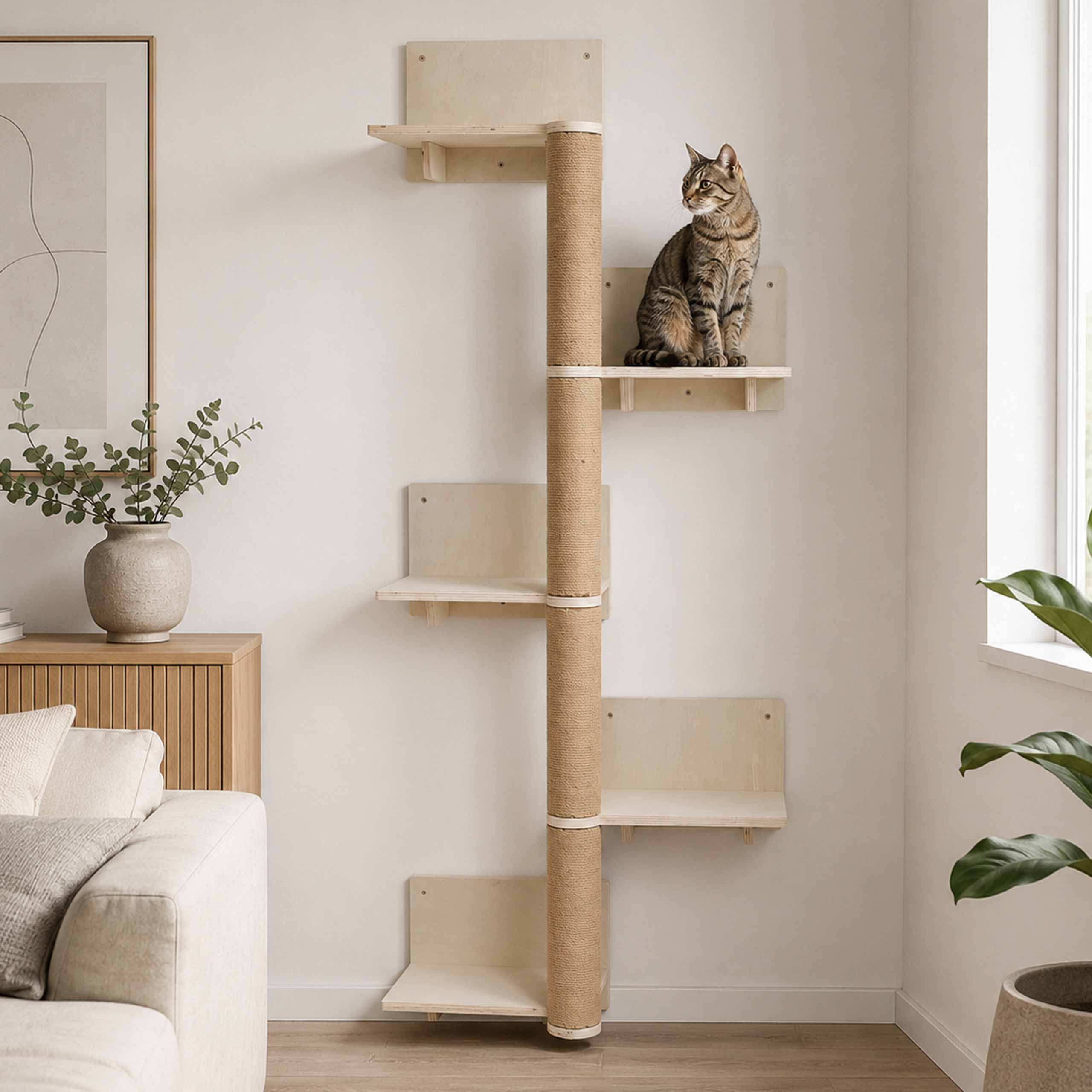 Kletterwand MCW-Q58, Katzenwand Kletterbaum Wandkratzbaum Kletterregal Plattform 5 Stufen, Holz MVG 147x62x27cm ~ natur 
