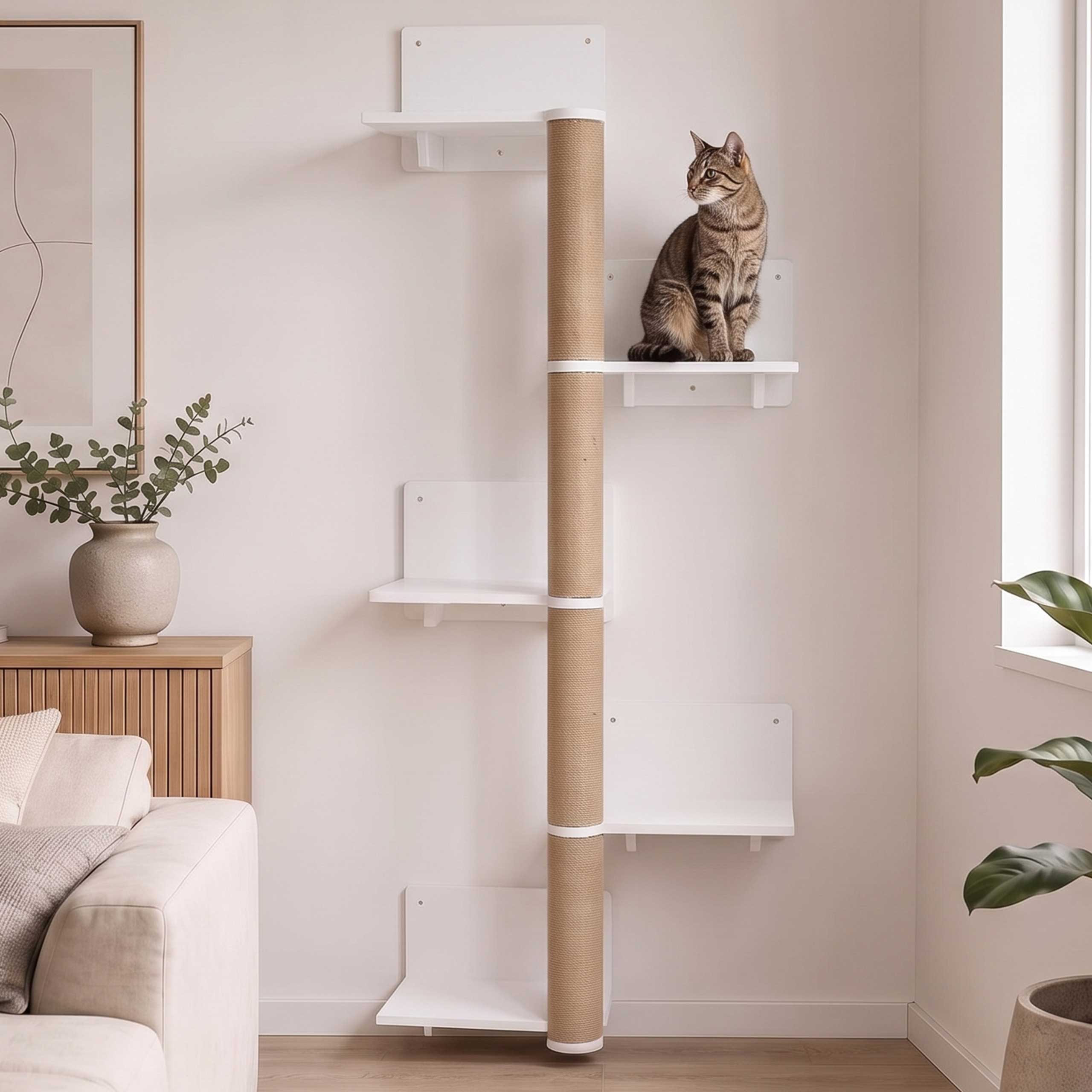 Kletterwand MCW-Q58, Katzenwand Kletterbaum Wandkratzbaum Kletterregal Plattform 5 Stufen, Holz MVG 147x62x27cm ~ wei&szlig; 