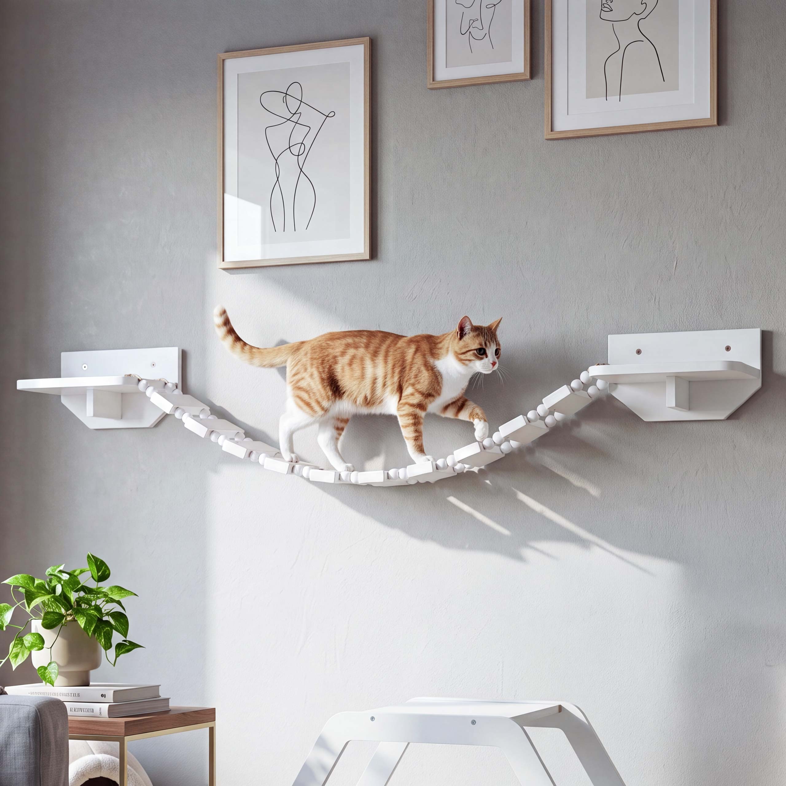 Kletterbr&uuml;cke MCW-Q56, Katzenleiter Katzentreppe H&auml;ngebr&uuml;cke Katzenbr&uuml;cke Plattform, Holz MVG 15x130x19cm ~ wei&szlig; 