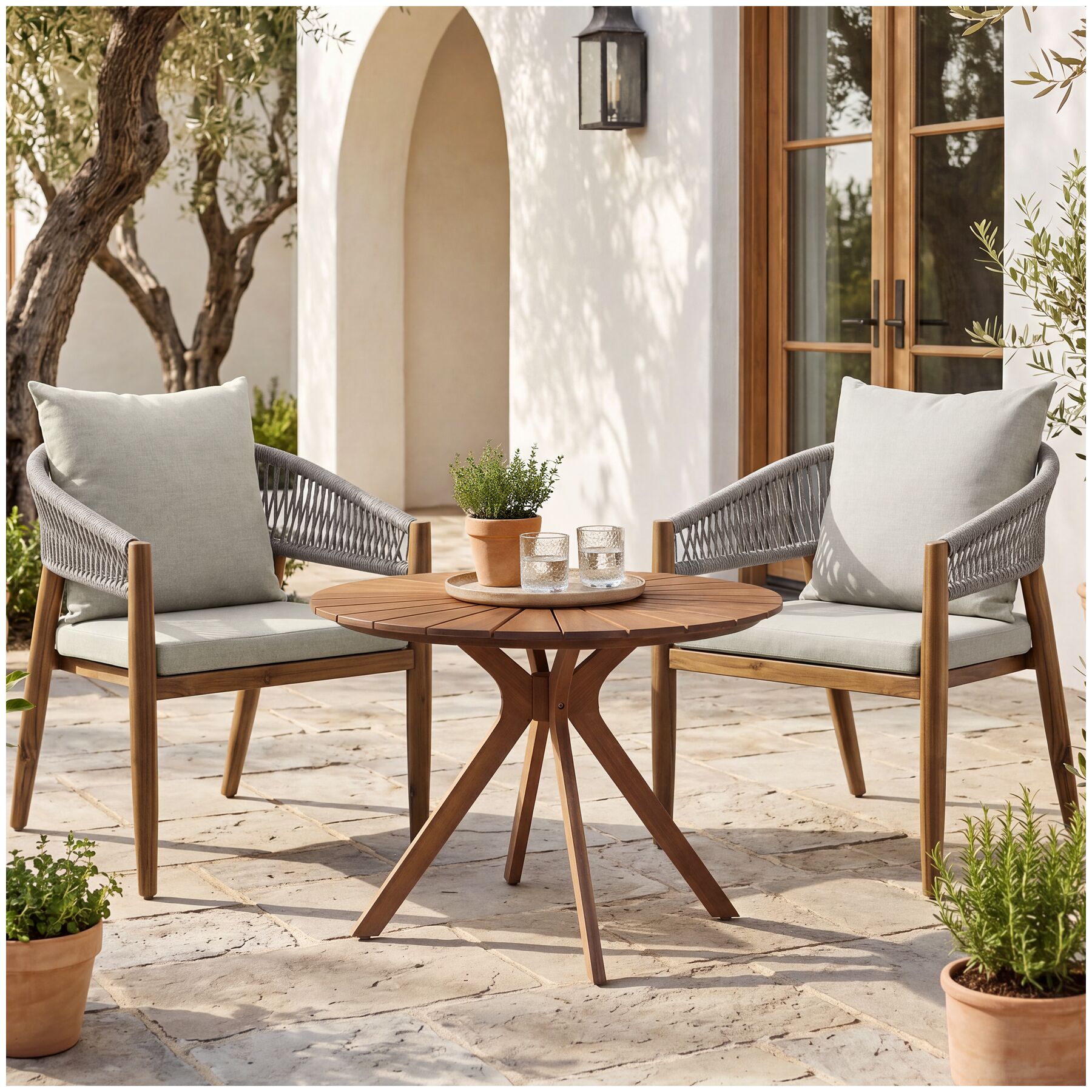 tectake&reg; 3-teiliges Gartenset, runder Tisch mit Sonnenmuster und 2 St&uuml;hle im Rope-Design, wasserabweisende, abnehmbare Polyesterbez&uuml;ge, h&ouml;henverstellbare Kunststofff&uuml;&szlig;e 