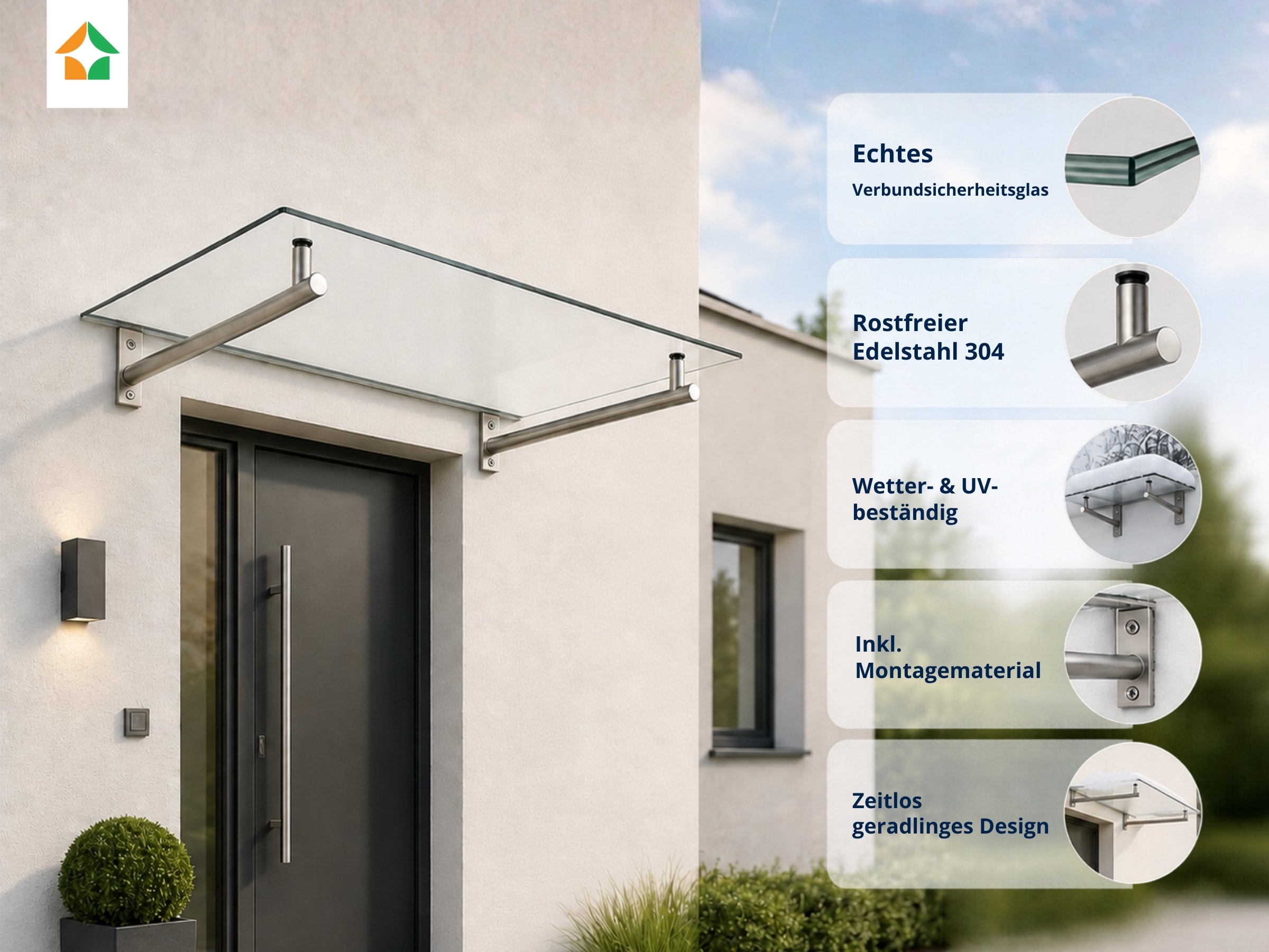 Edelstahl Vordach 140x80 cm mit 8,76 mm VSG Sicherheitsglas 