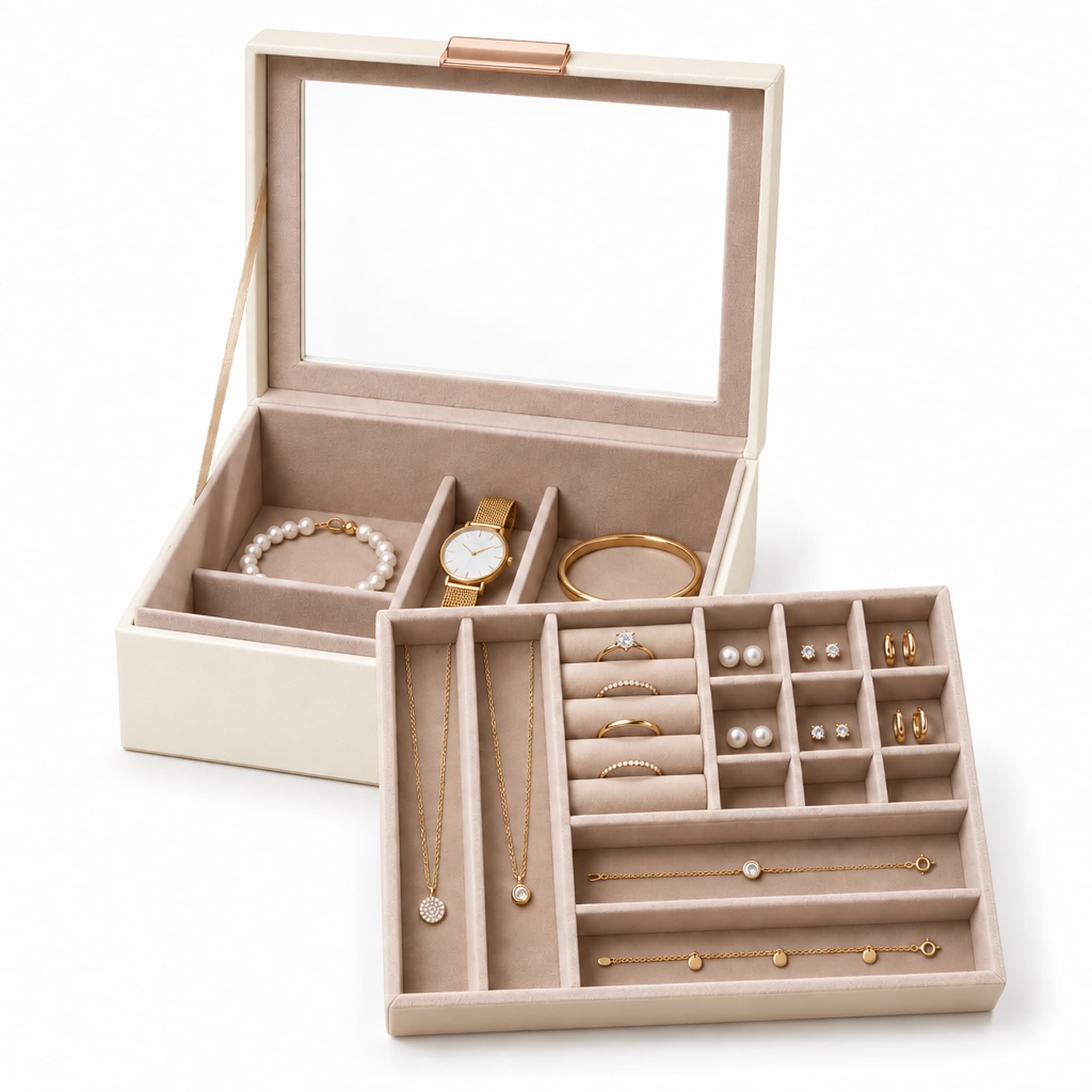 Karat Schmuckk&auml;stchen | Blanche | Schmuckbox mit Glasdeckel & Schubladen | Cremewei&szlig; 