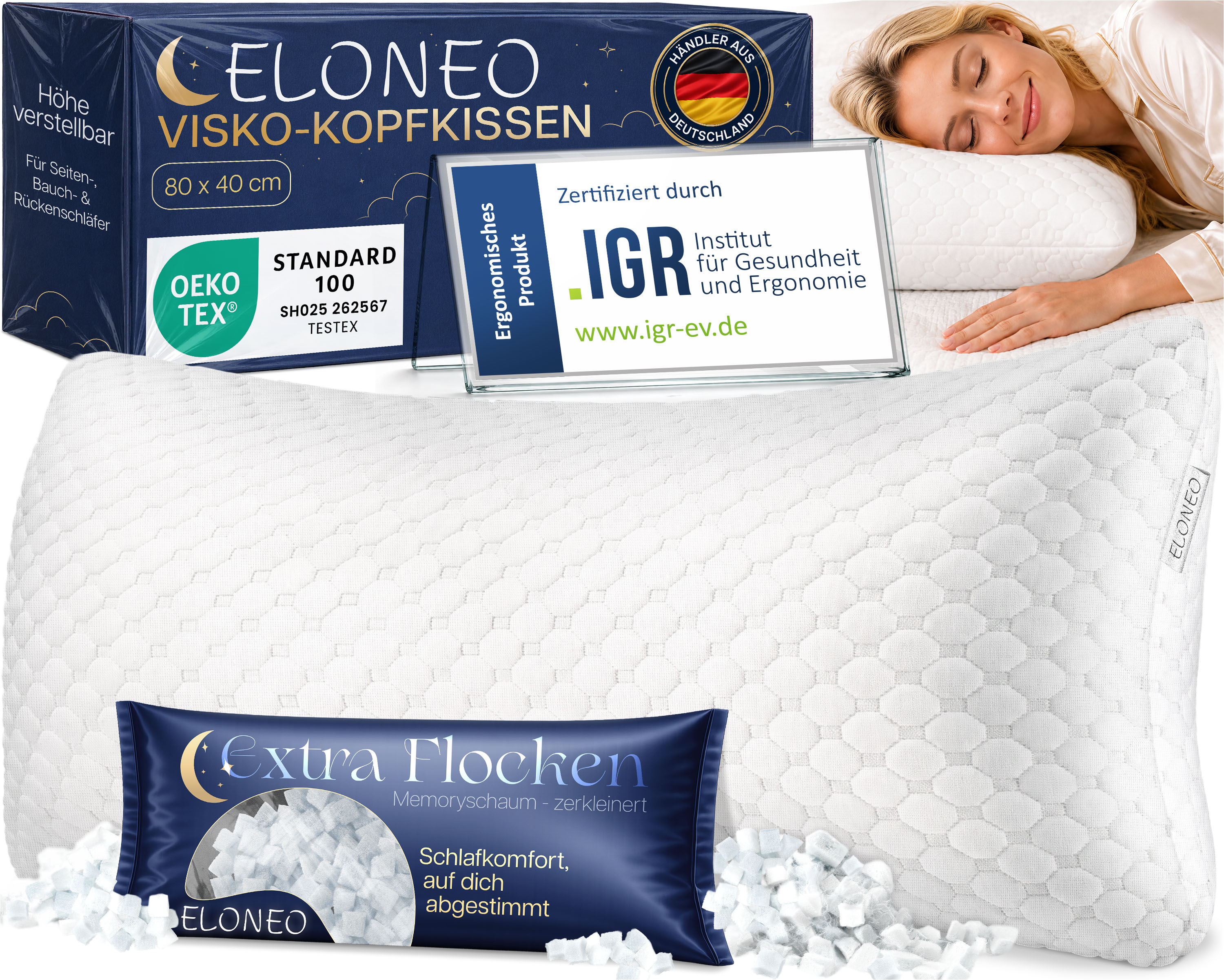 ELONEO Premium Memory Foam Kopfkissen 40x80 cm, ergonomisches Kopfkissen h&ouml;henverstellbar 