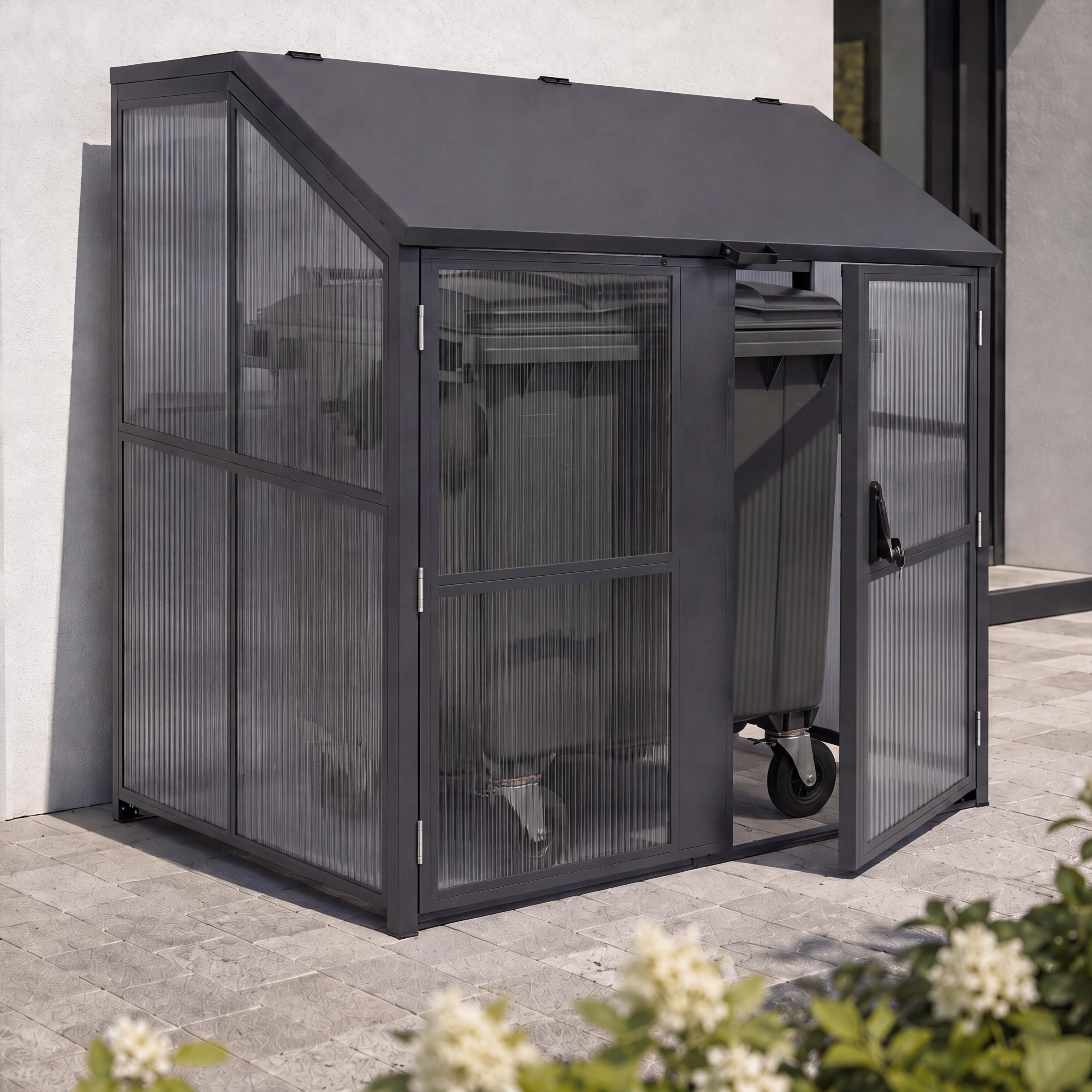 M&uuml;llcontainerverkleidung MCW-R20, M&uuml;llcontainerbox Abfallcontainer bis 1100l, Stahl Polycarbonat 160x160x136cm 