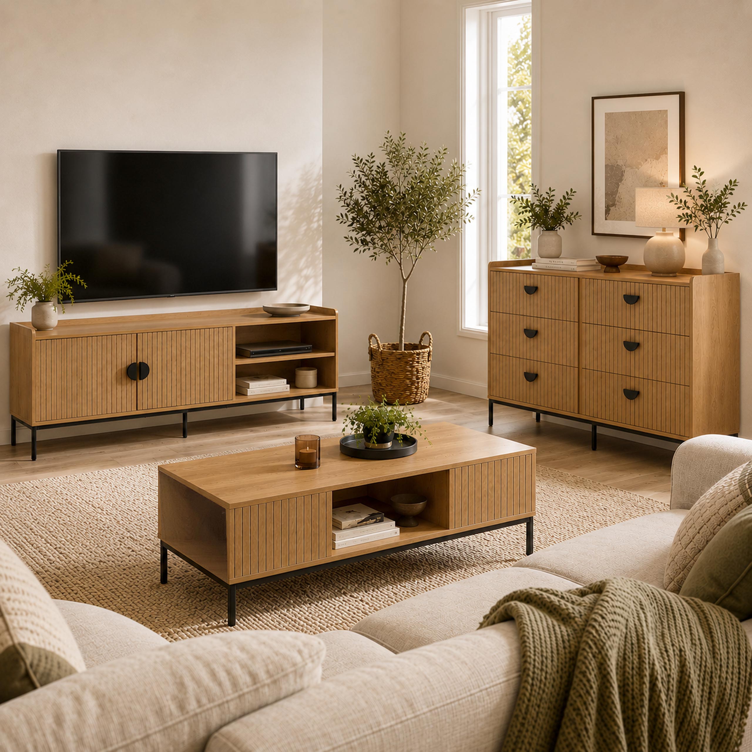 Wohnzimmer-Set MCW-O39, TV-Rack Kommode Couchtisch, Ablage Schubladen, Melamin MDF ~ natur 