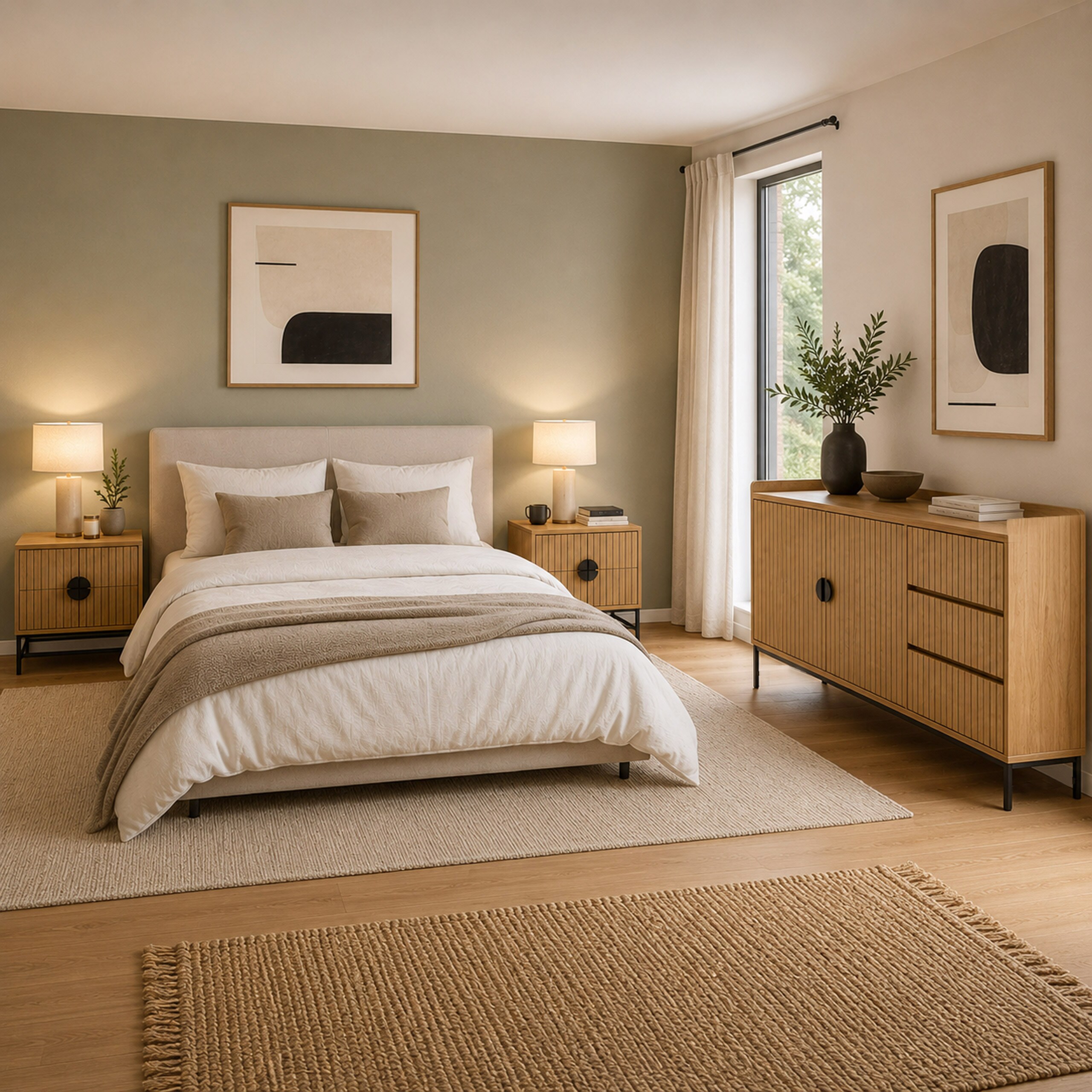 Schlafzimmer-Set MCW-O39, 2x Nachttisch 1x Sideboard, Schubladen Melamin MDF Metall ~ natur 