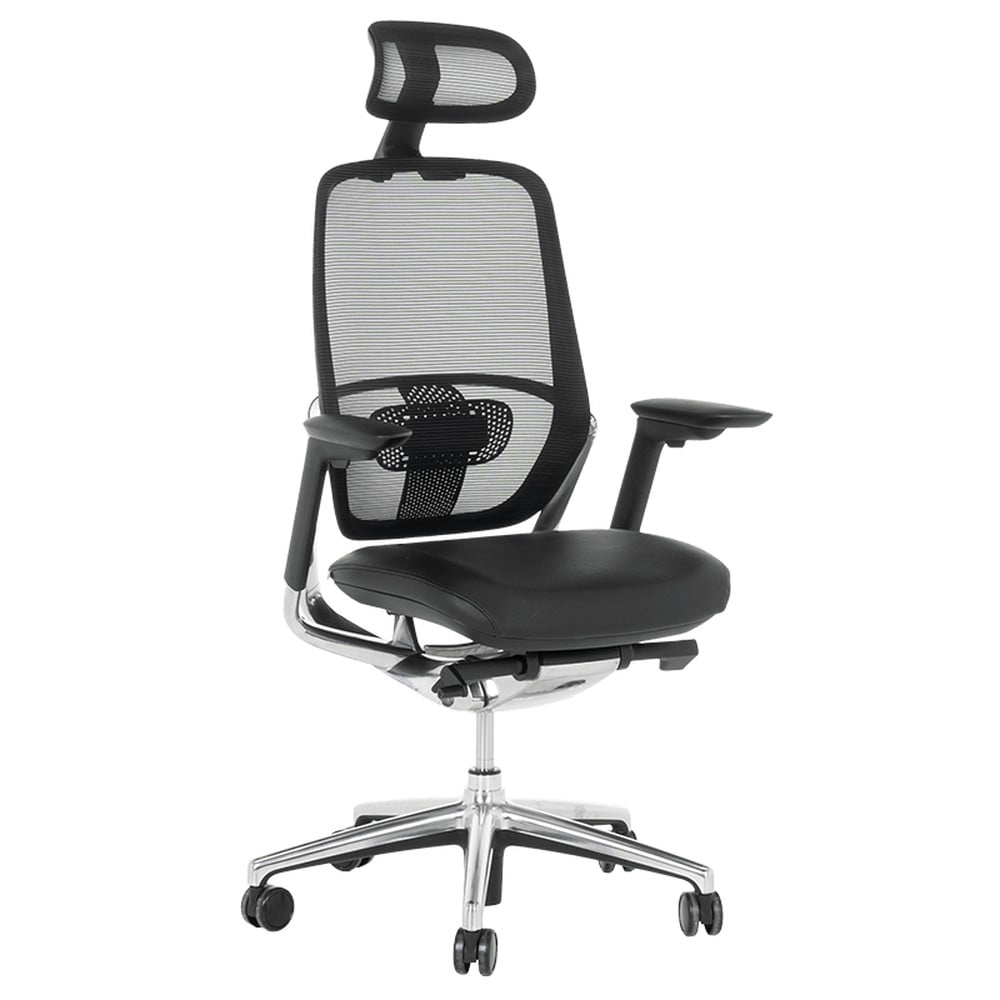 Carmen VAUD LUX Chefsessel XXL mit Netzr&uuml;cken, Echtleder, Kopfst&uuml;tze, Lordosenst&uuml;tze, 4D-Armlehnen und Alu-Fu&szlig;kreuz &ndash; Schwarz 