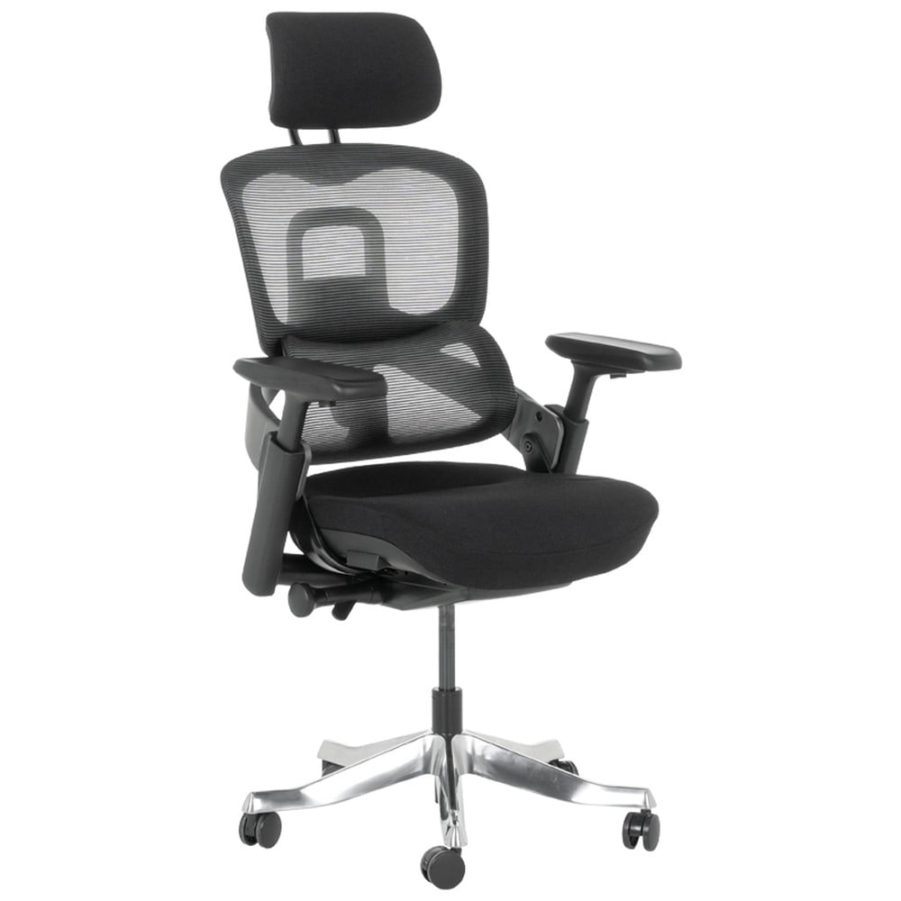 Carmen METZ Ergonomischer B&uuml;rostuhl mit Netzr&uuml;cken, Kopfst&uuml;tze, Lordosenst&uuml;tze, 4D-Armlehnen und Alu-Fu&szlig;kreuz &ndash; Schwarz 