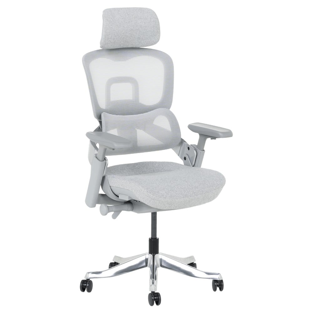 Carmen LYON Ergonomischer B&uuml;rostuhl mit Netzr&uuml;cken, Kopfst&uuml;tze, Lordosenst&uuml;tze, 4D-Armlehnen und Alu-Fu&szlig;kreuz &ndash; Grau 