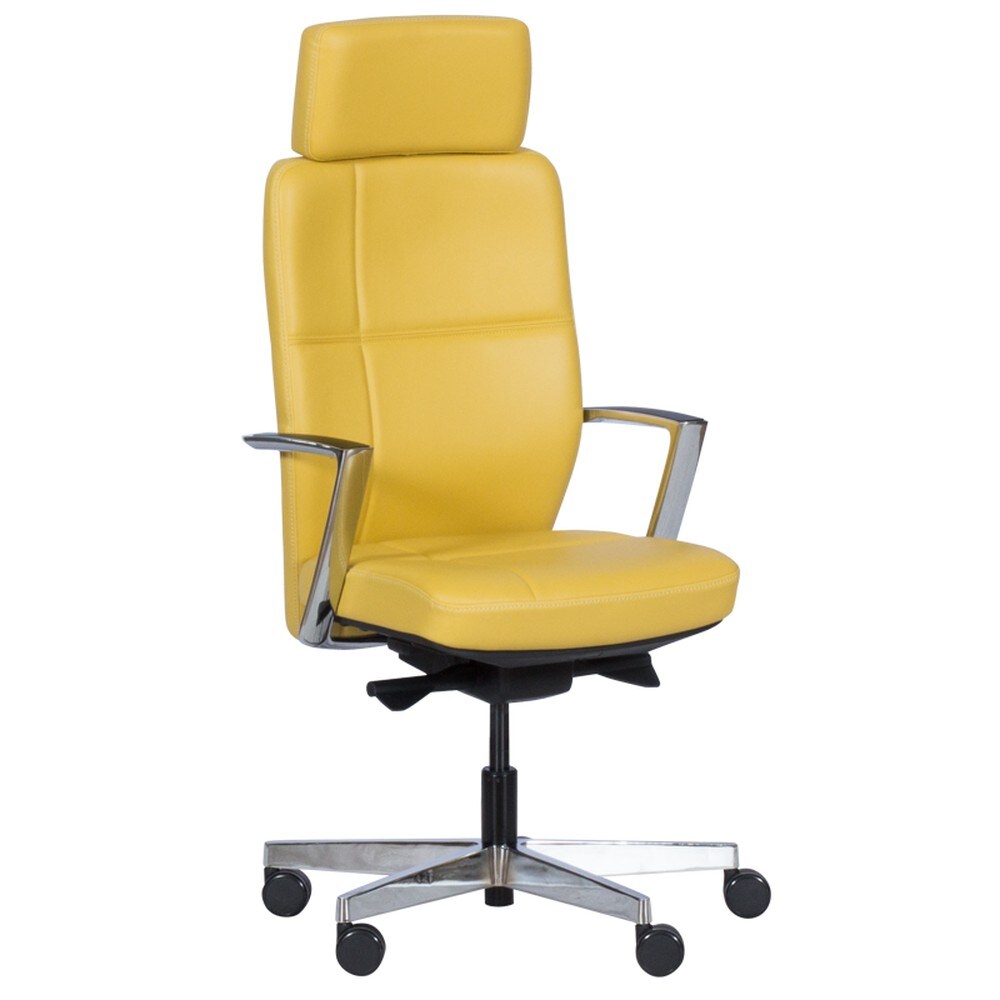 Carmen SAHARA LUX Ergonomischer B&uuml;rostuhl mit Echtleder, Kopfst&uuml;tze, Lordosenst&uuml;tze und Alu-Fu&szlig;kreuz &ndash; Senfgelb 