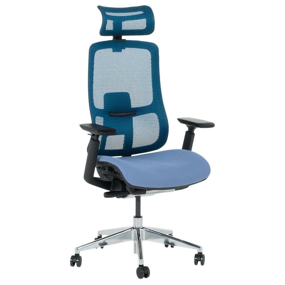 Carmen SALTO Chefsessel XXL mit Netzr&uuml;cken, Kopfst&uuml;tze, 3D-Armlehnen und Alu-Fu&szlig;kreuz &ndash; Blau 